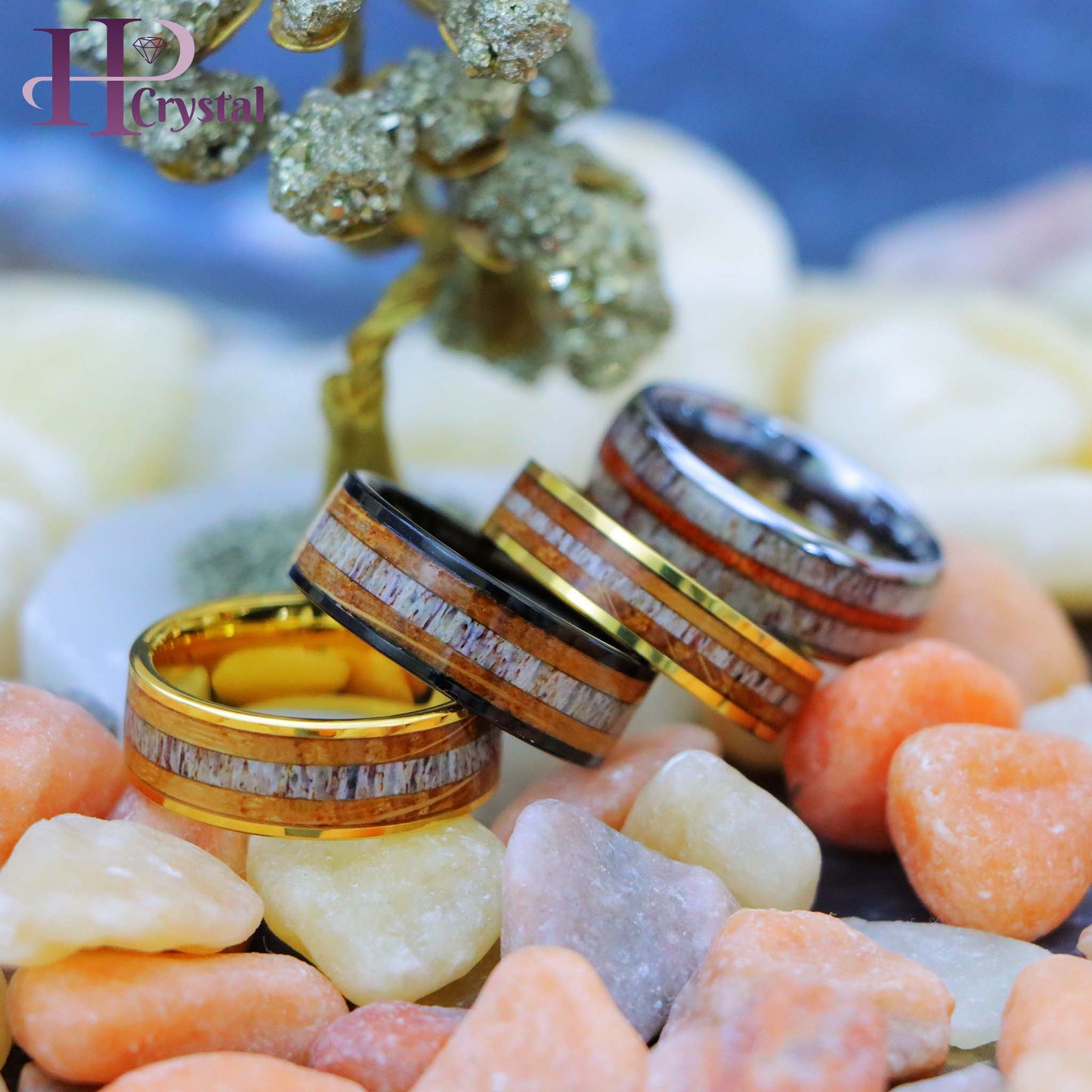 Gold & Silver IP Tungsten Ring – Whiskey Barrel & Deer Antler Inlay