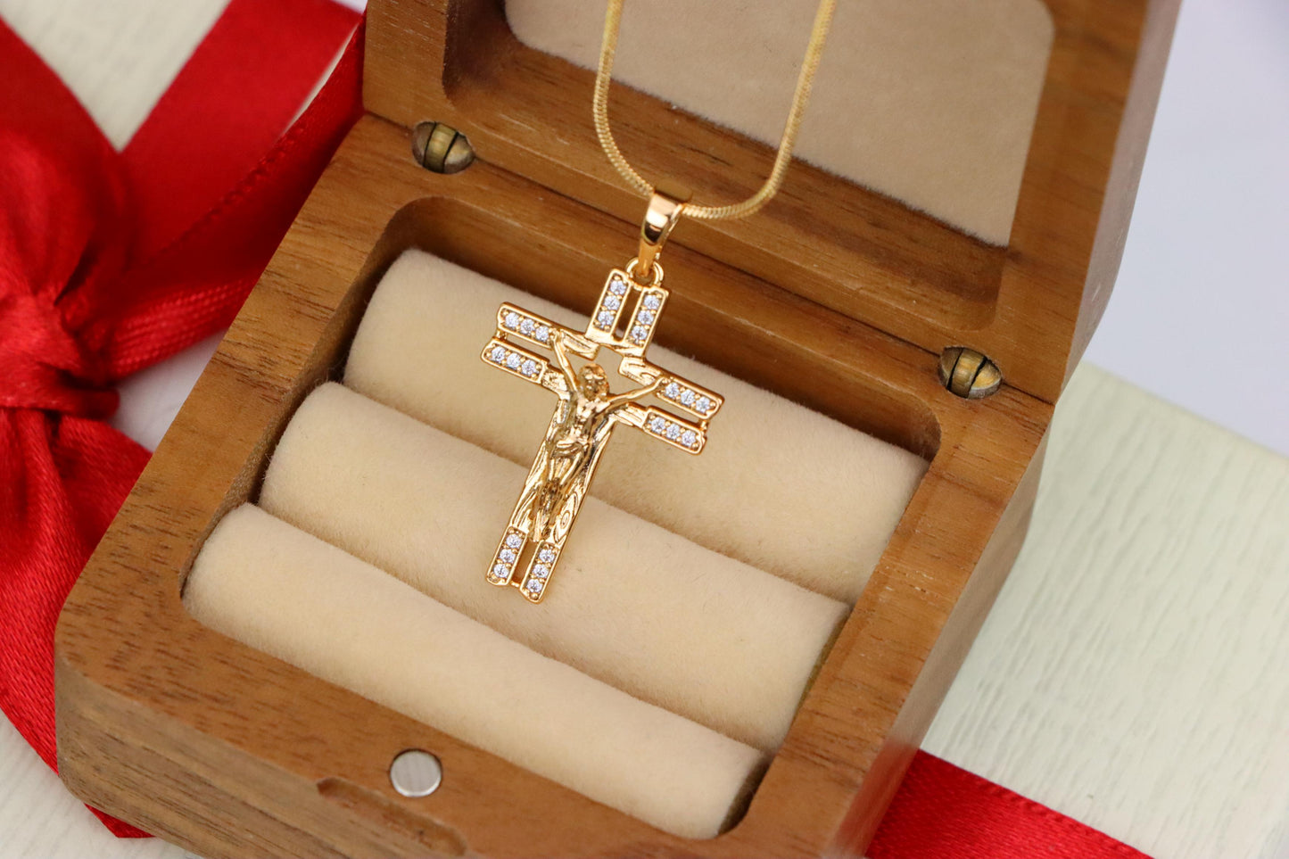 Rose Gold Crucifix Pendant with Crystal Accents and Detailed Design, XPPT1865 (2157-8)