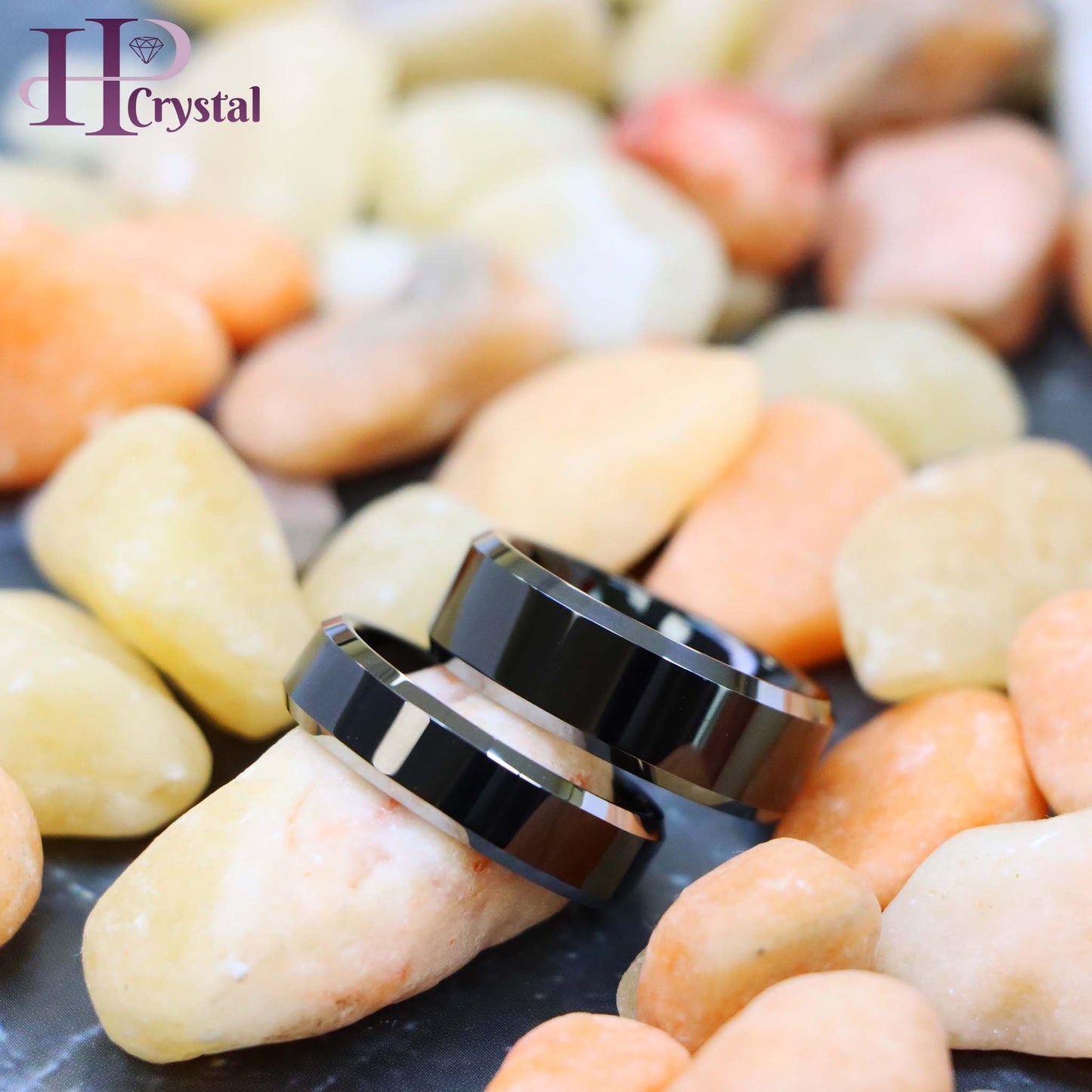 Black IP Plated Center High Polished Steel Color Beveled Edge Tungsten Ring