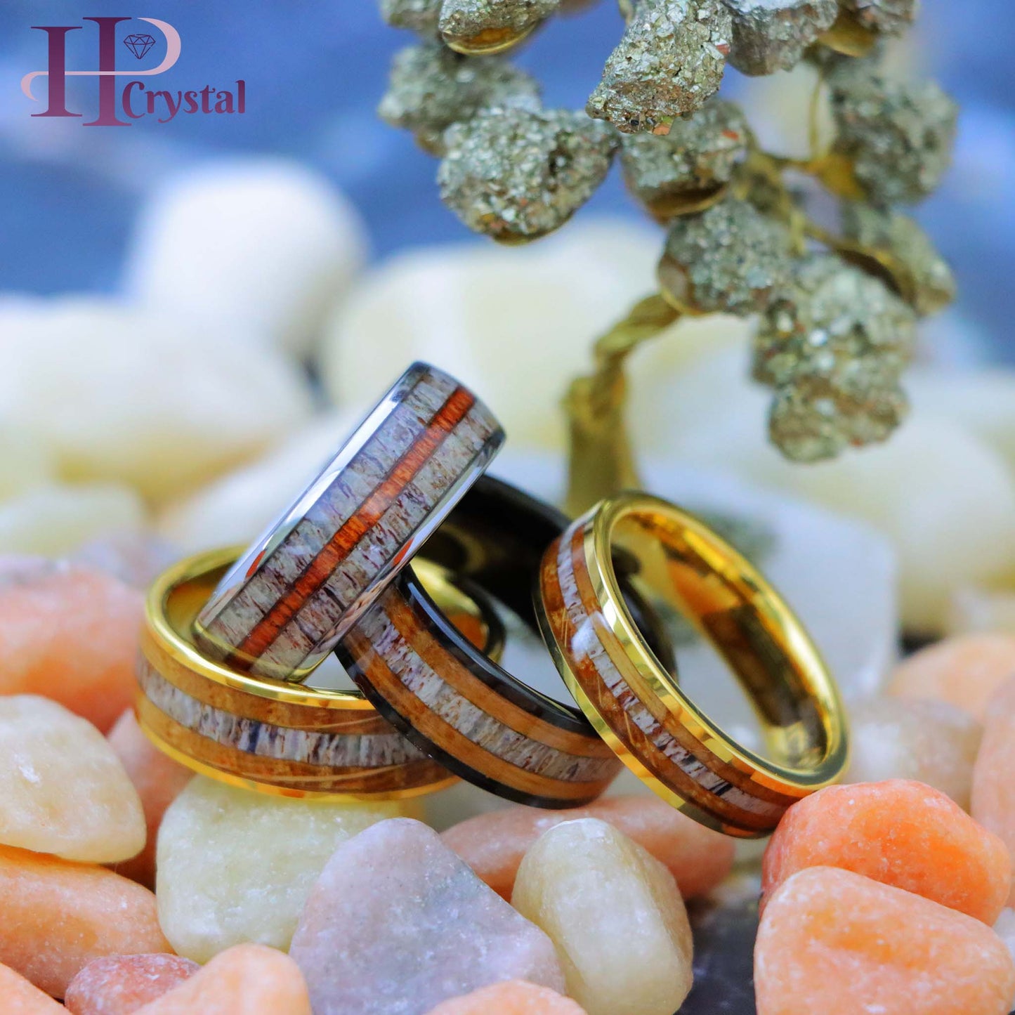 Gold & Silver IP Tungsten Ring – Whiskey Barrel & Deer Antler Inlay