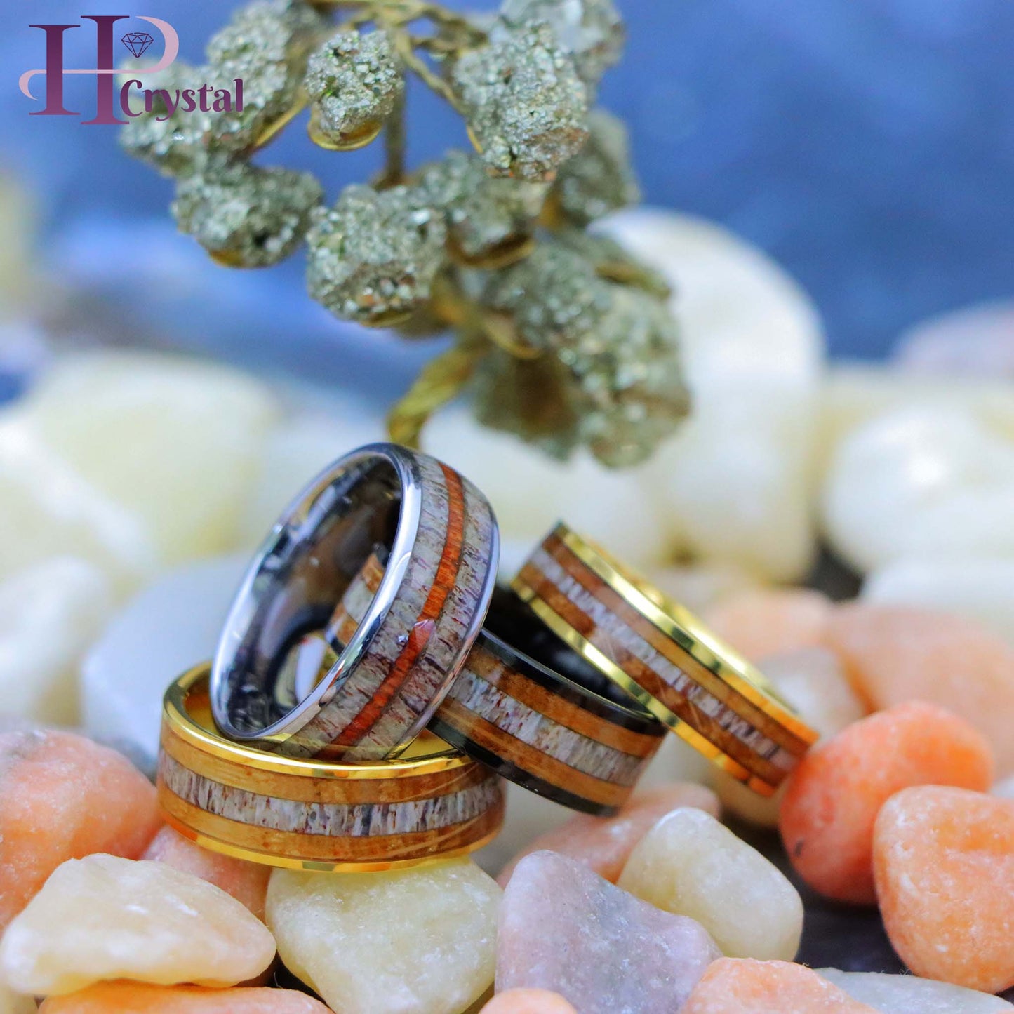 Gold & Silver IP Tungsten Ring – Whiskey Barrel & Deer Antler Inlay