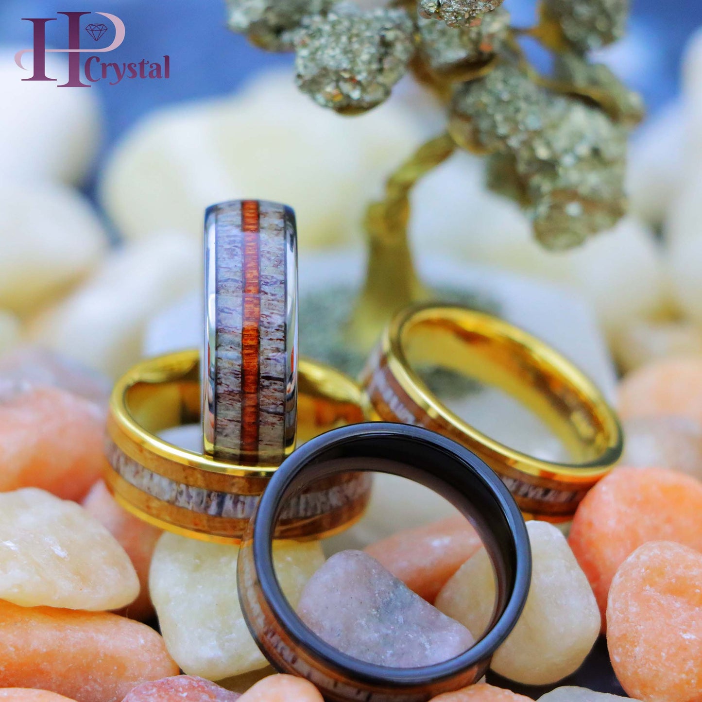Gold & Silver IP Tungsten Ring – Whiskey Barrel & Deer Antler Inlay