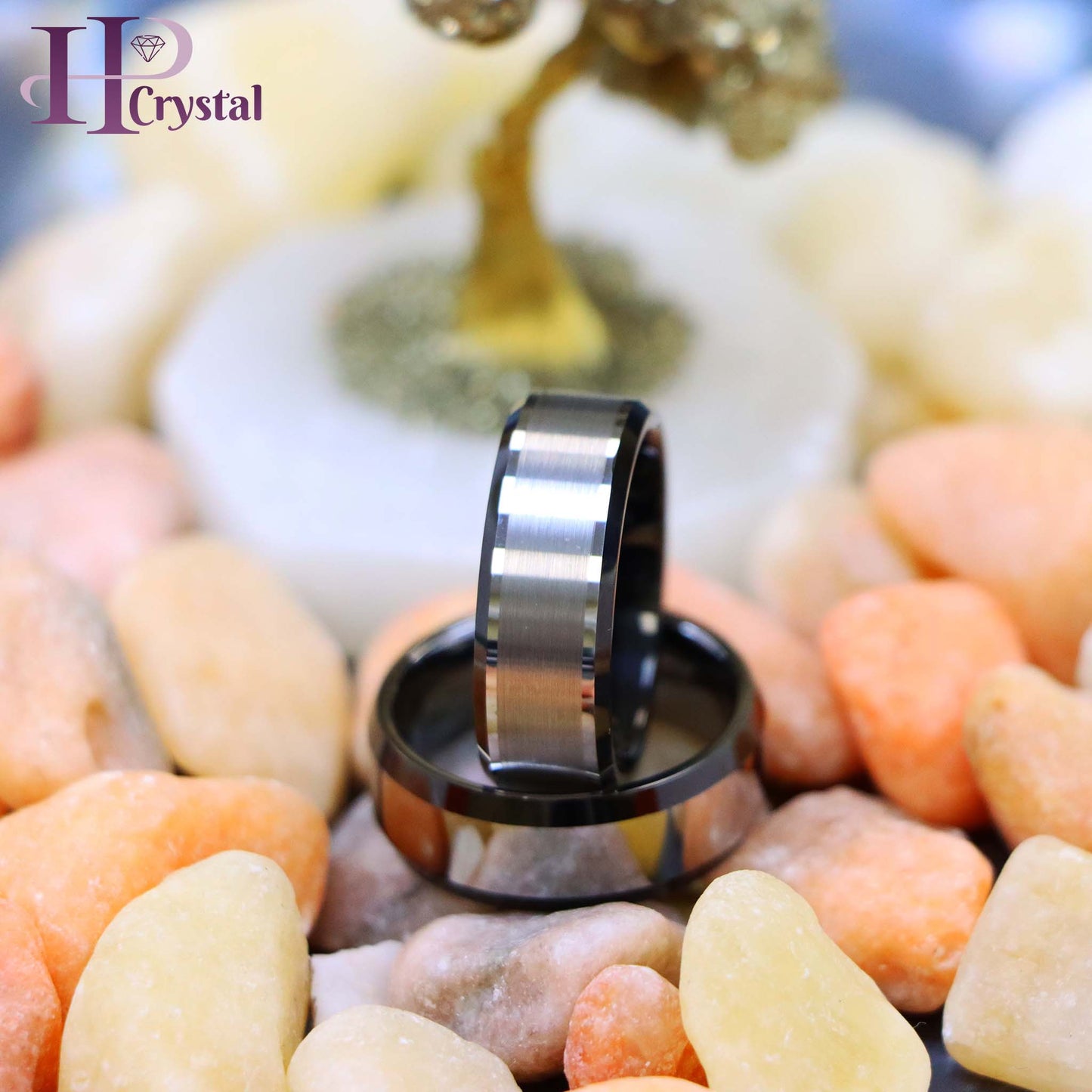 Flat High Polish with Black IP Plated Beveled Edge Tungsten Ring Brushed Center Beveled Edge Tungsten Ring