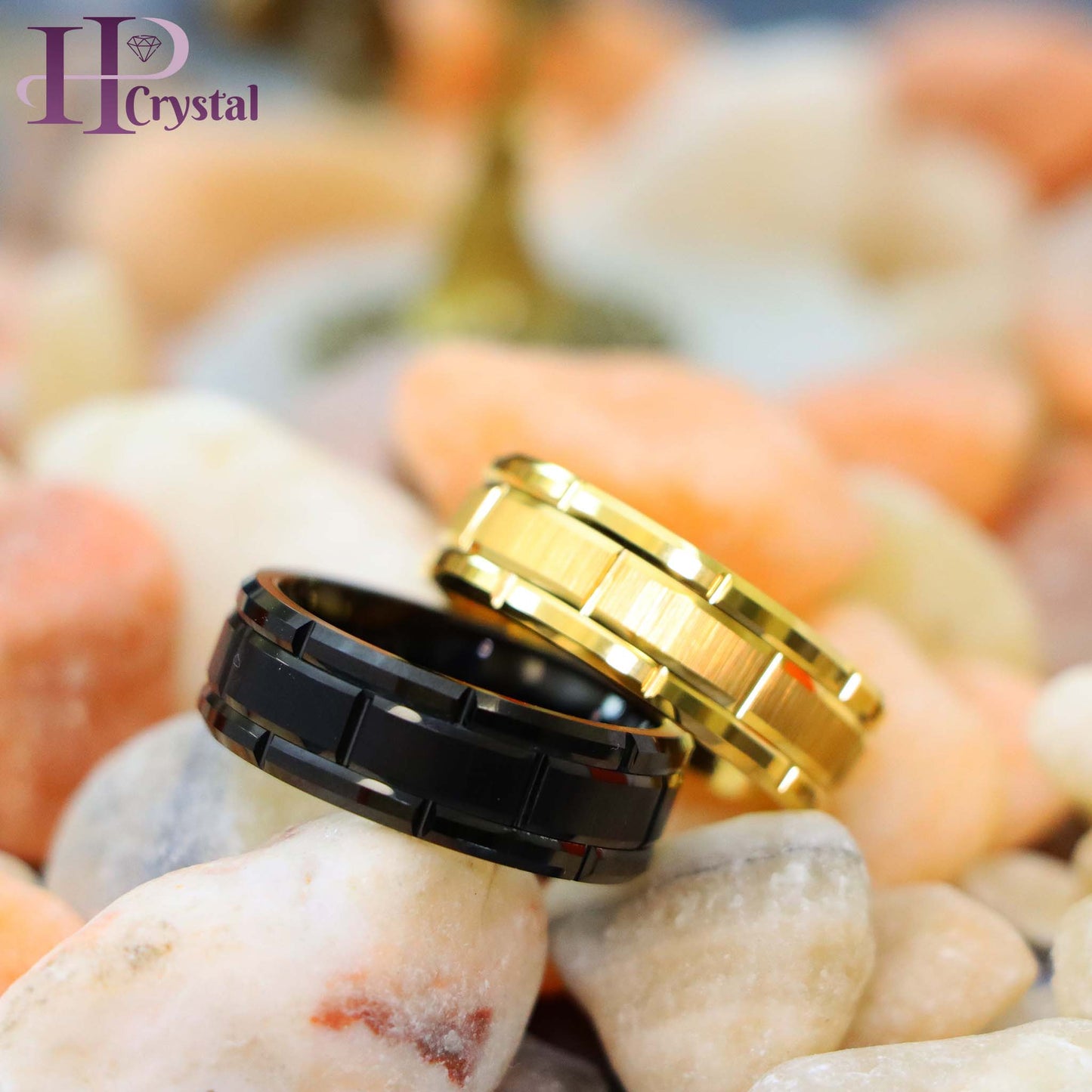 Yellow & Black Tungsten Ring – Brick Pattern Men's Wedding Band