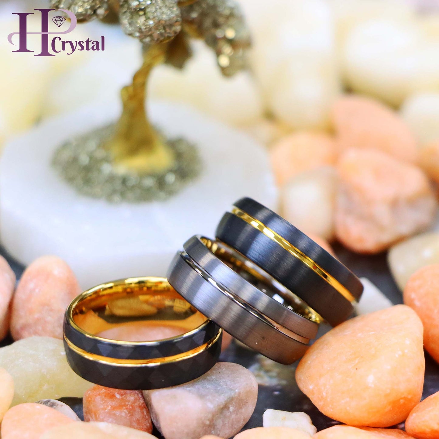 Domed Gun Metal IP Plated / Yellow Gold & Faceted Black IP Plated Ring with Off-center Groove