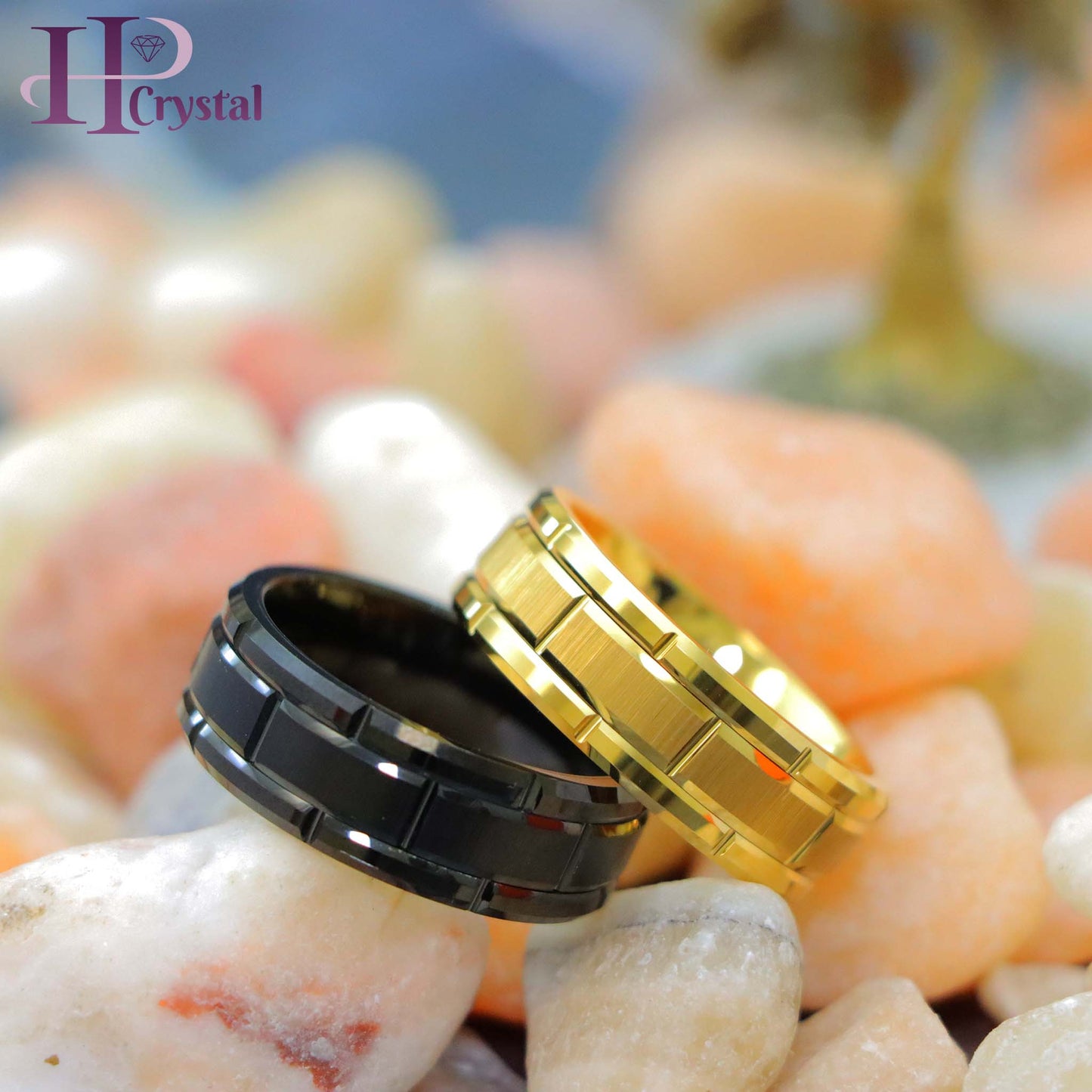 Yellow & Black Tungsten Ring – Brick Pattern Men's Wedding Band