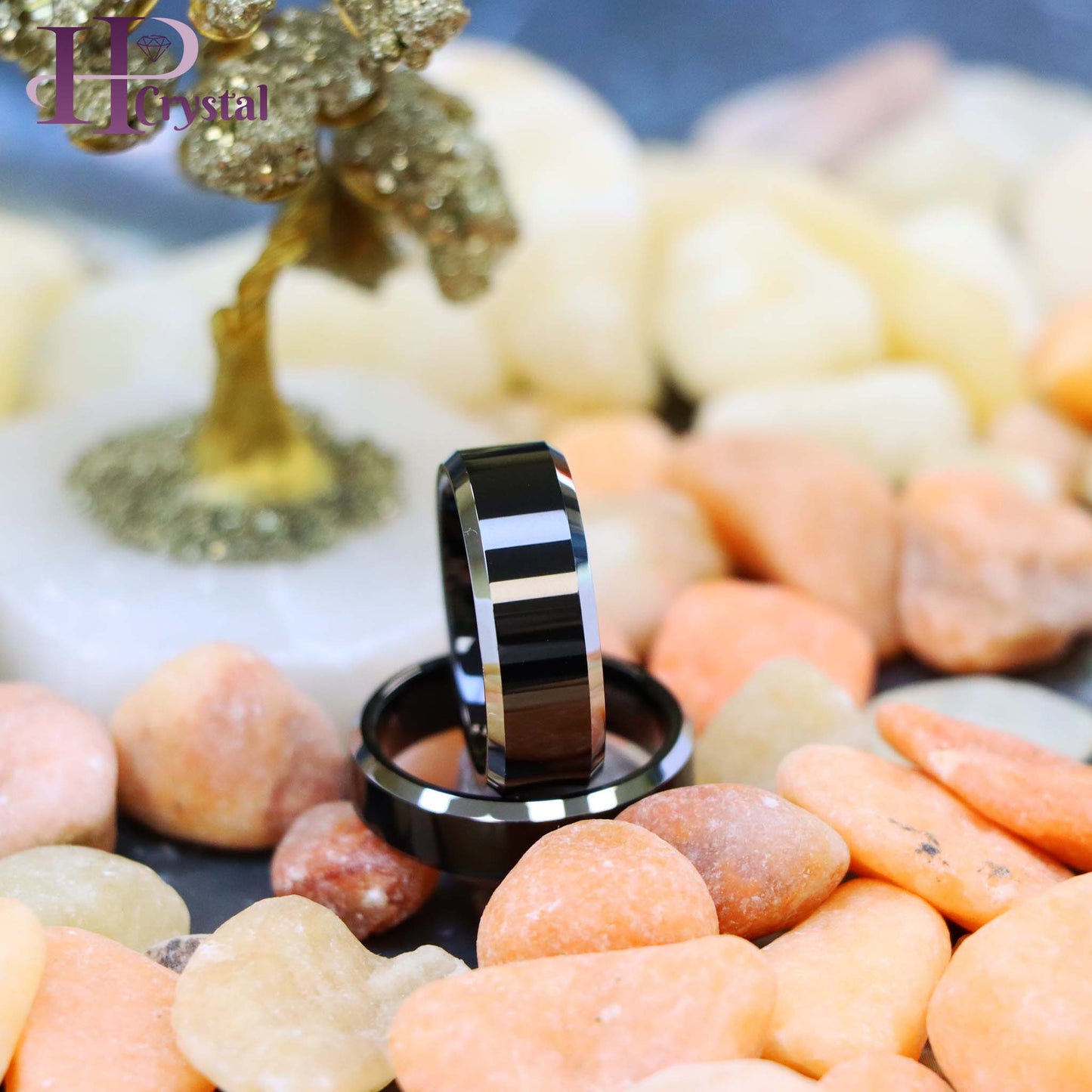 Black IP Plated Center High Polished Steel Color Beveled Edge Tungsten Ring