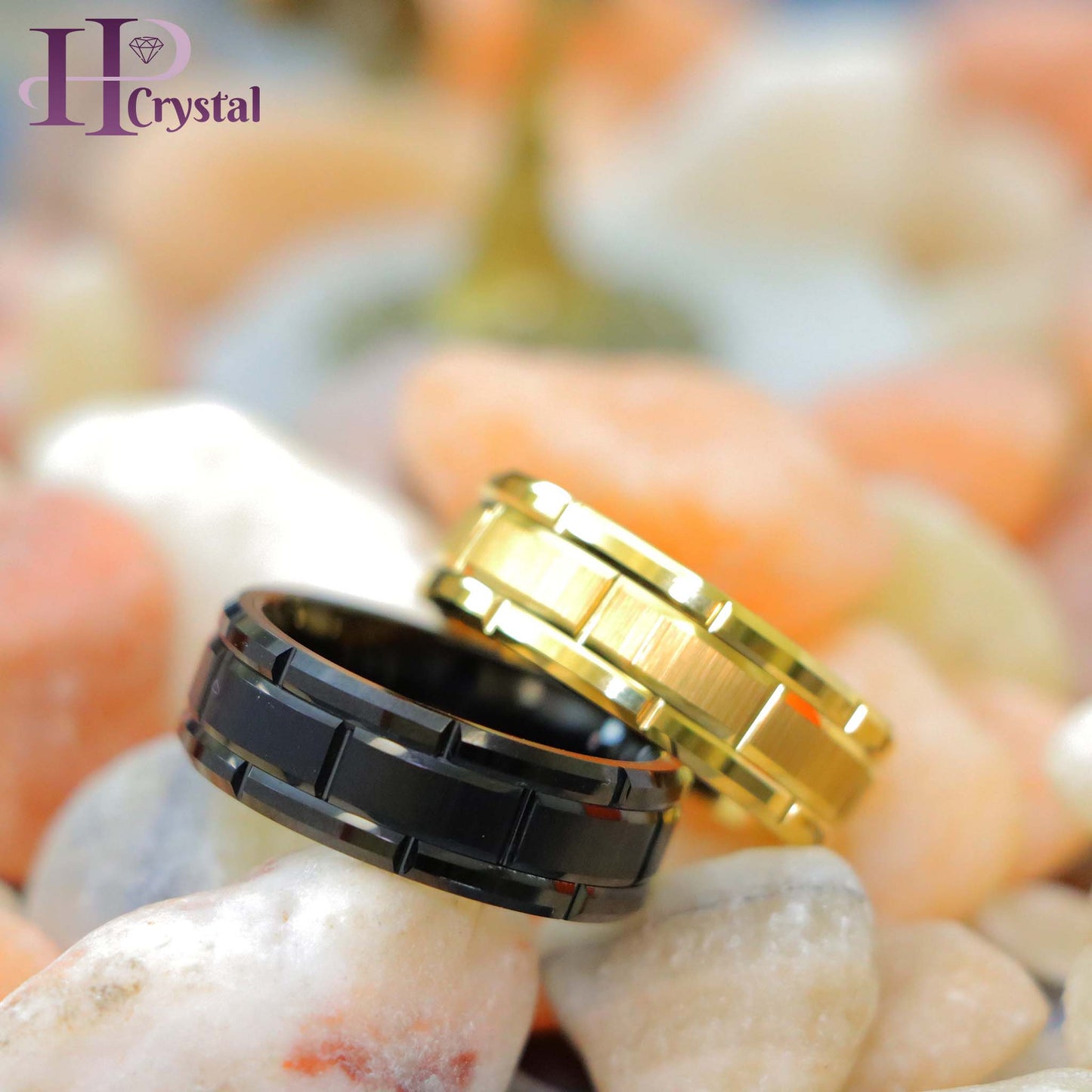 Yellow & Black Tungsten Ring – Brick Pattern Men's Wedding Band