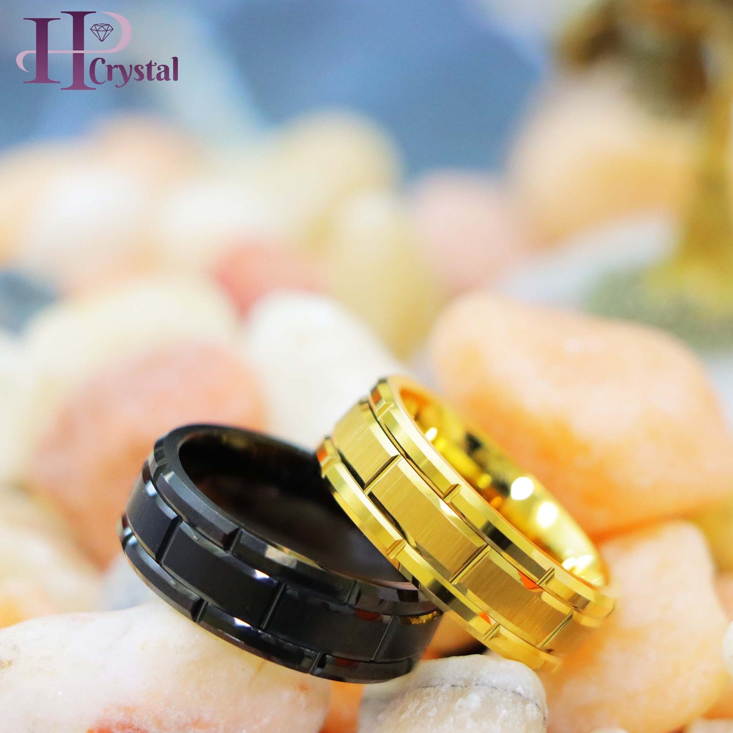 Yellow & Black Tungsten Ring – Brick Pattern Men's Wedding Band