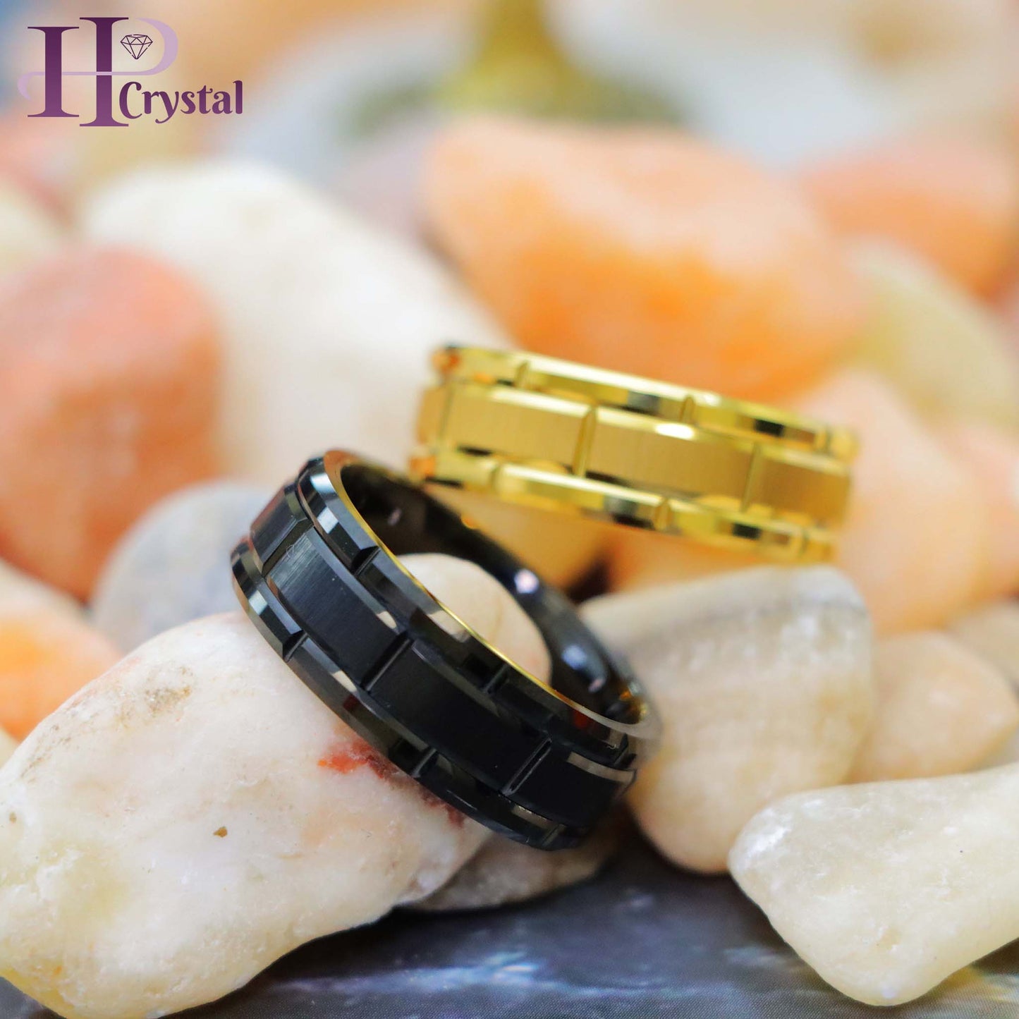 Yellow & Black Tungsten Ring – Brick Pattern Men's Wedding Band