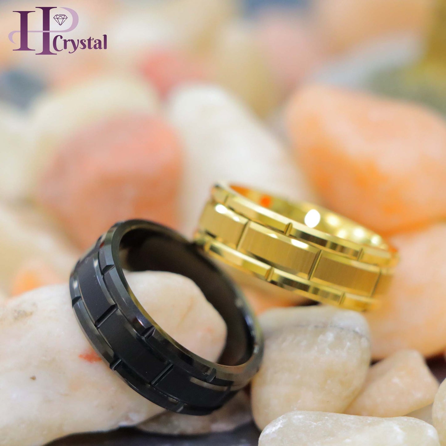 Yellow & Black Tungsten Ring – Brick Pattern Men's Wedding Band
