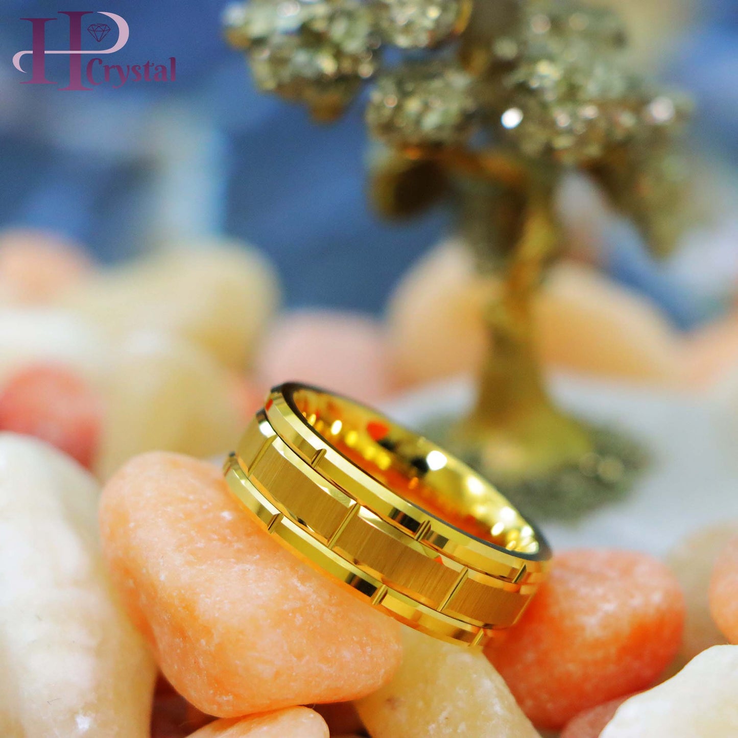 Yellow & Black Tungsten Ring – Brick Pattern Men's Wedding Band