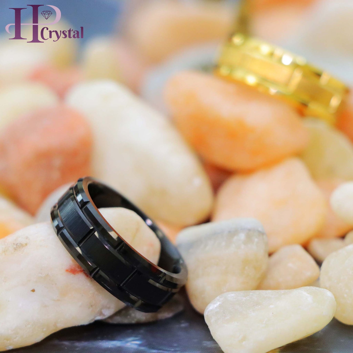 Yellow & Black Tungsten Ring – Brick Pattern Men's Wedding Band