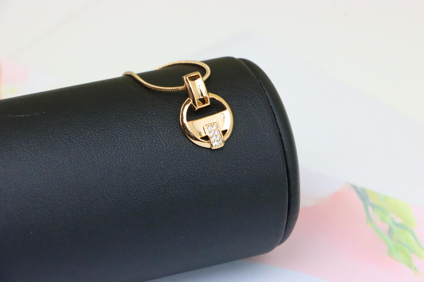 Rose Gold Circle Pendant with Geometric Design and CZ Accents, XPPT1398 (2134-7)