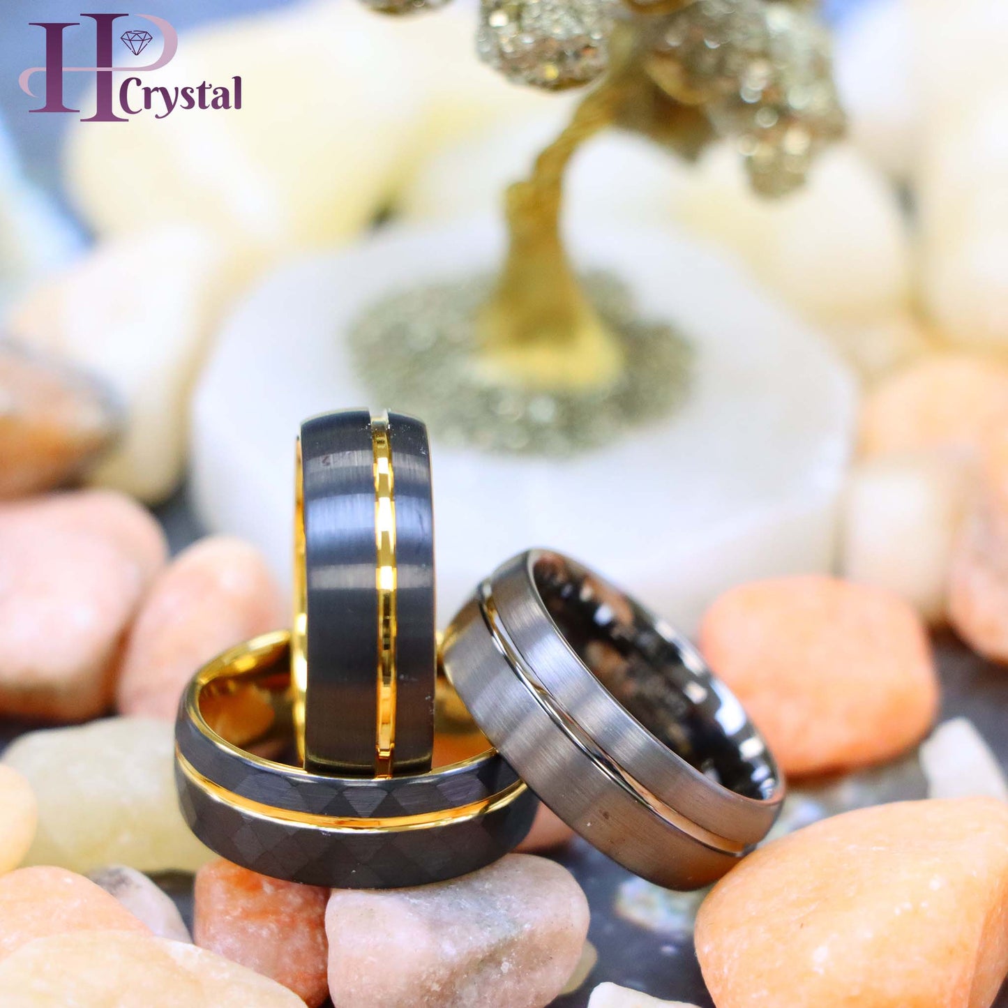 Domed Gun Metal IP Plated / Yellow Gold & Faceted Black IP Plated Ring with Off-center Groove