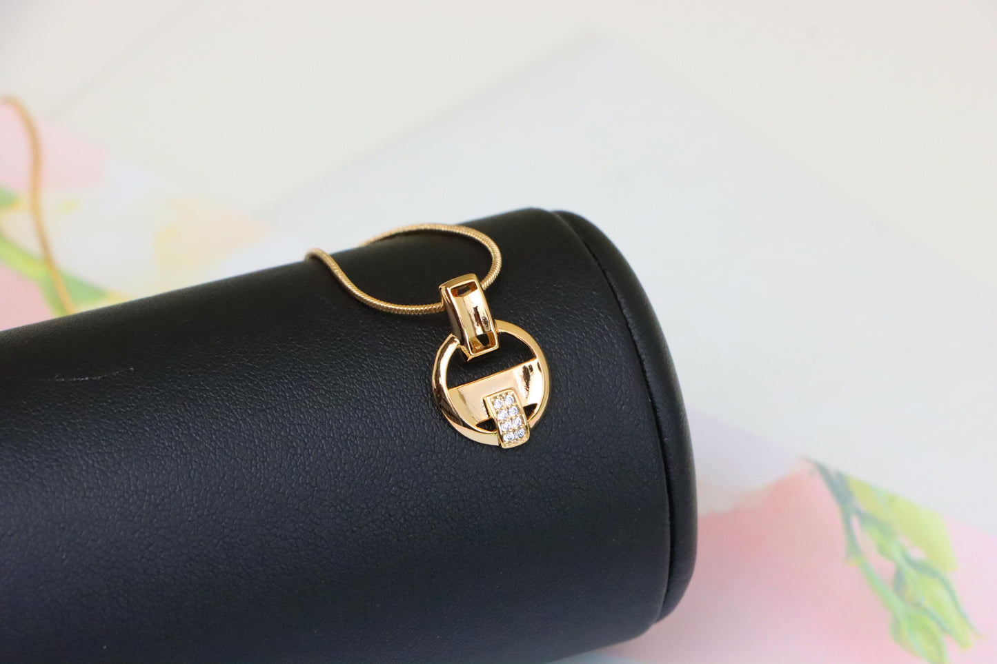 Rose Gold Circle Pendant with Geometric Design and CZ Accents, XPPT1398 (2134-7)