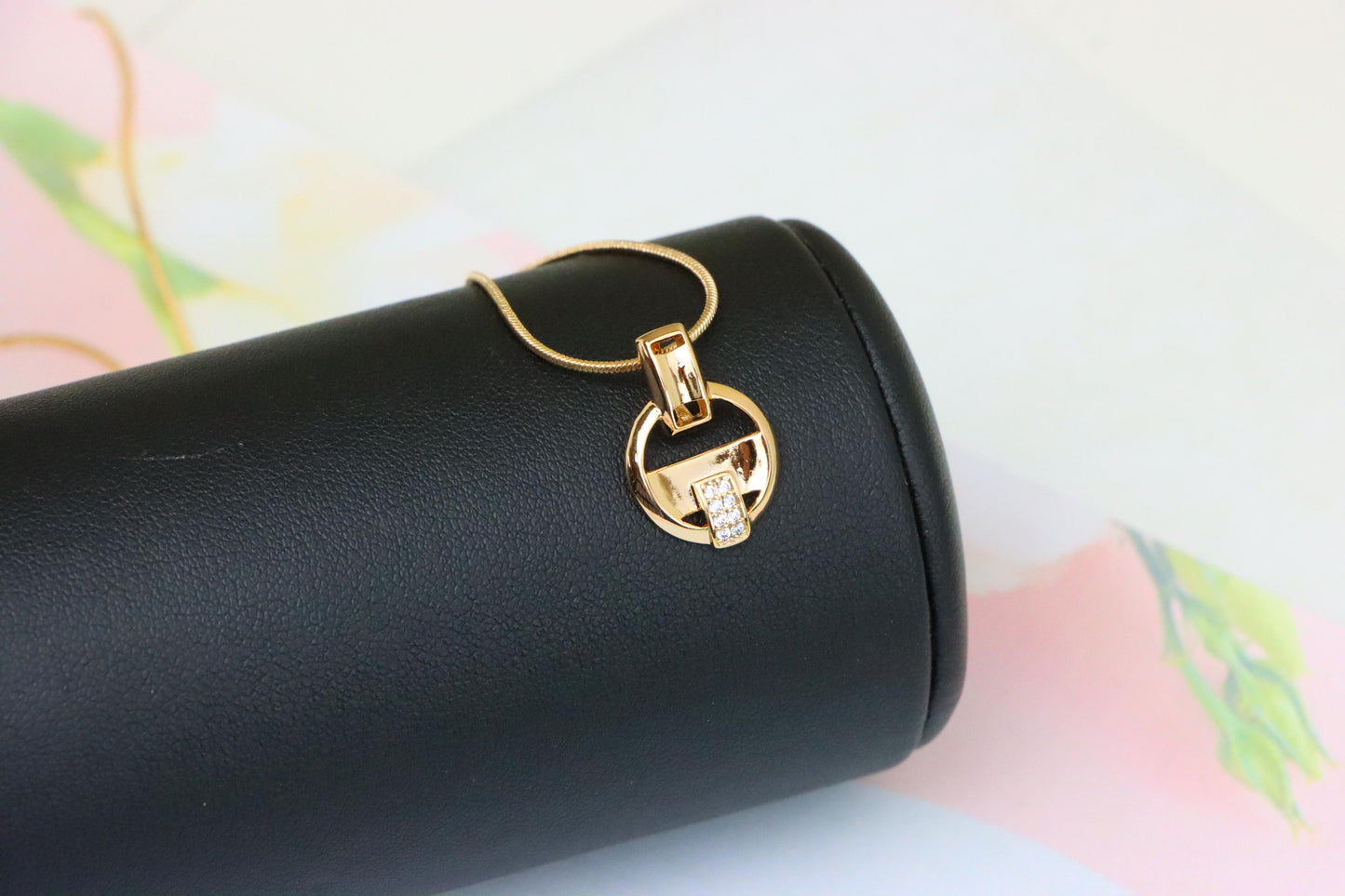 Rose Gold Circle Pendant with Geometric Design and CZ Accents, XPPT1398 (2134-7)