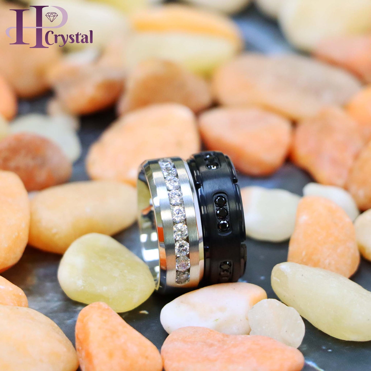 White Titanium Ring Brushed Center Shiny Beveled Edge with 9 Channel Set CZs Titanium Ring Black IP Plated Titanium Ring with 18 Black CZs