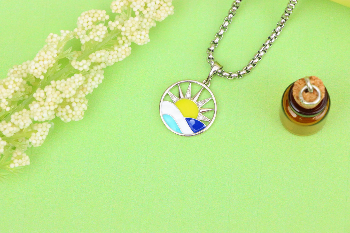 Round Silver Pendant with Colorful Sun and Wave Enamel Design, XPPT1867 (2157-10)