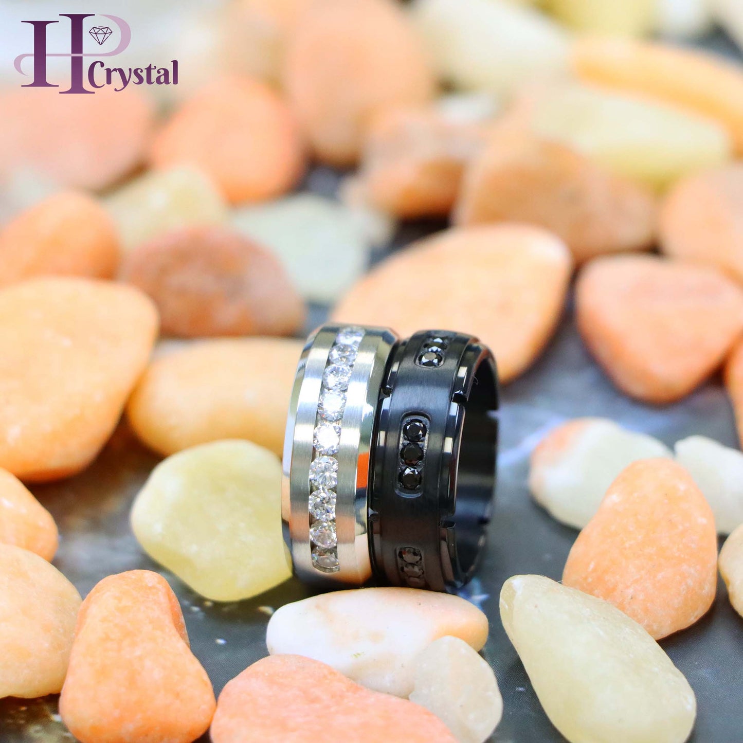White Titanium Ring Brushed Center Shiny Beveled Edge with 9 Channel Set CZs Titanium Ring Black IP Plated Titanium Ring with 18 Black CZs