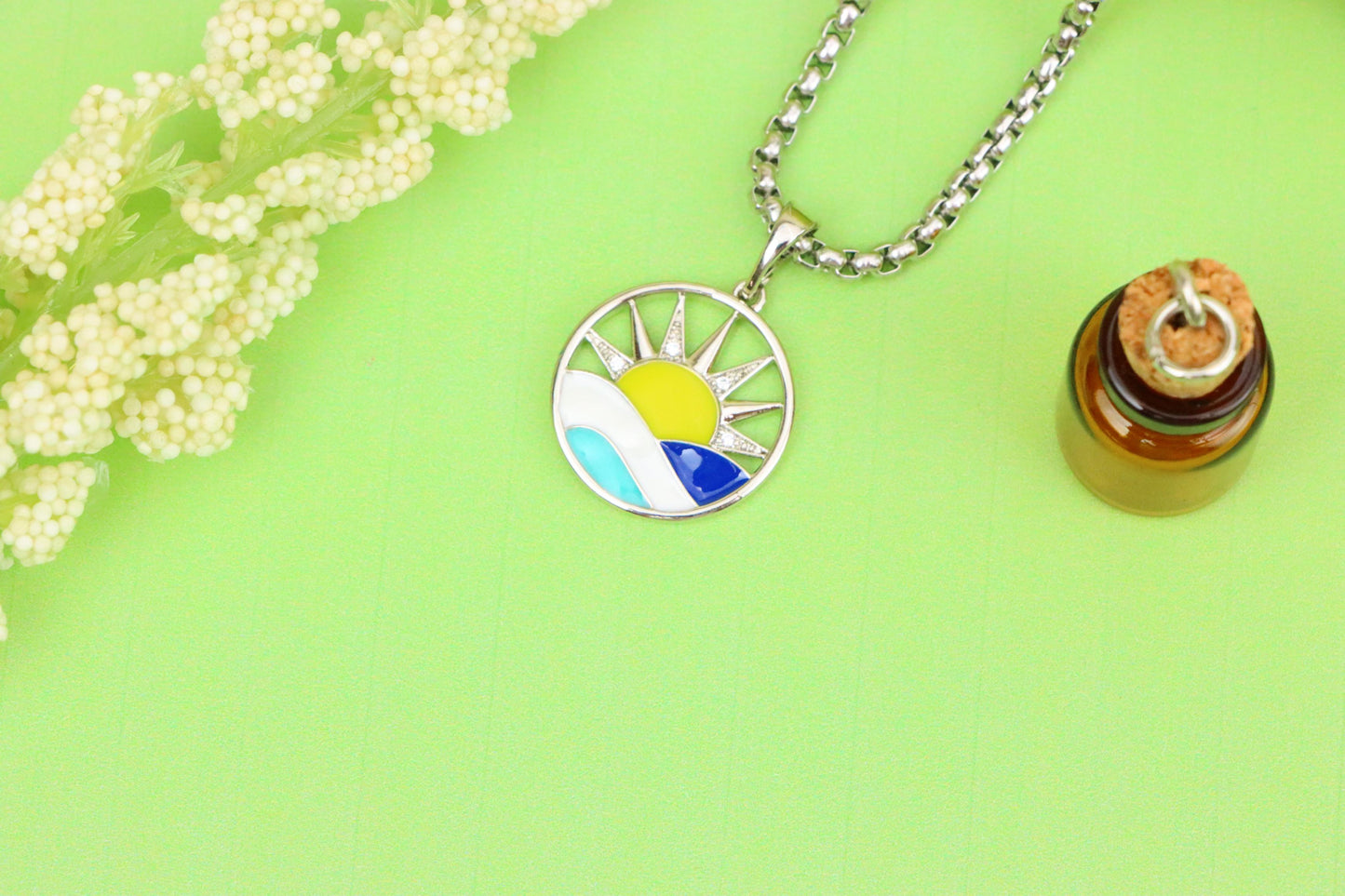 Round Silver Pendant with Colorful Sun and Wave Enamel Design, XPPT1867 (2157-10)