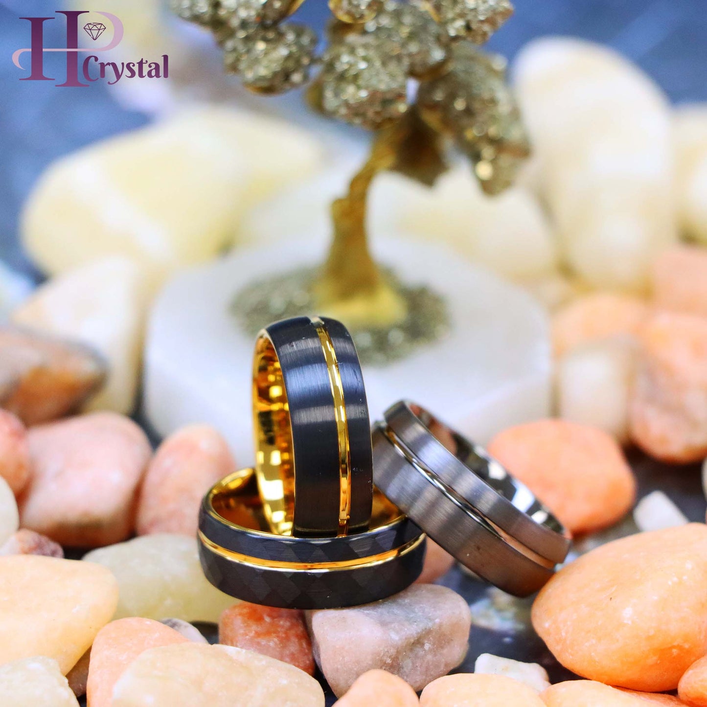 Domed Gun Metal IP Plated / Yellow Gold & Faceted Black IP Plated Ring with Off-center Groove