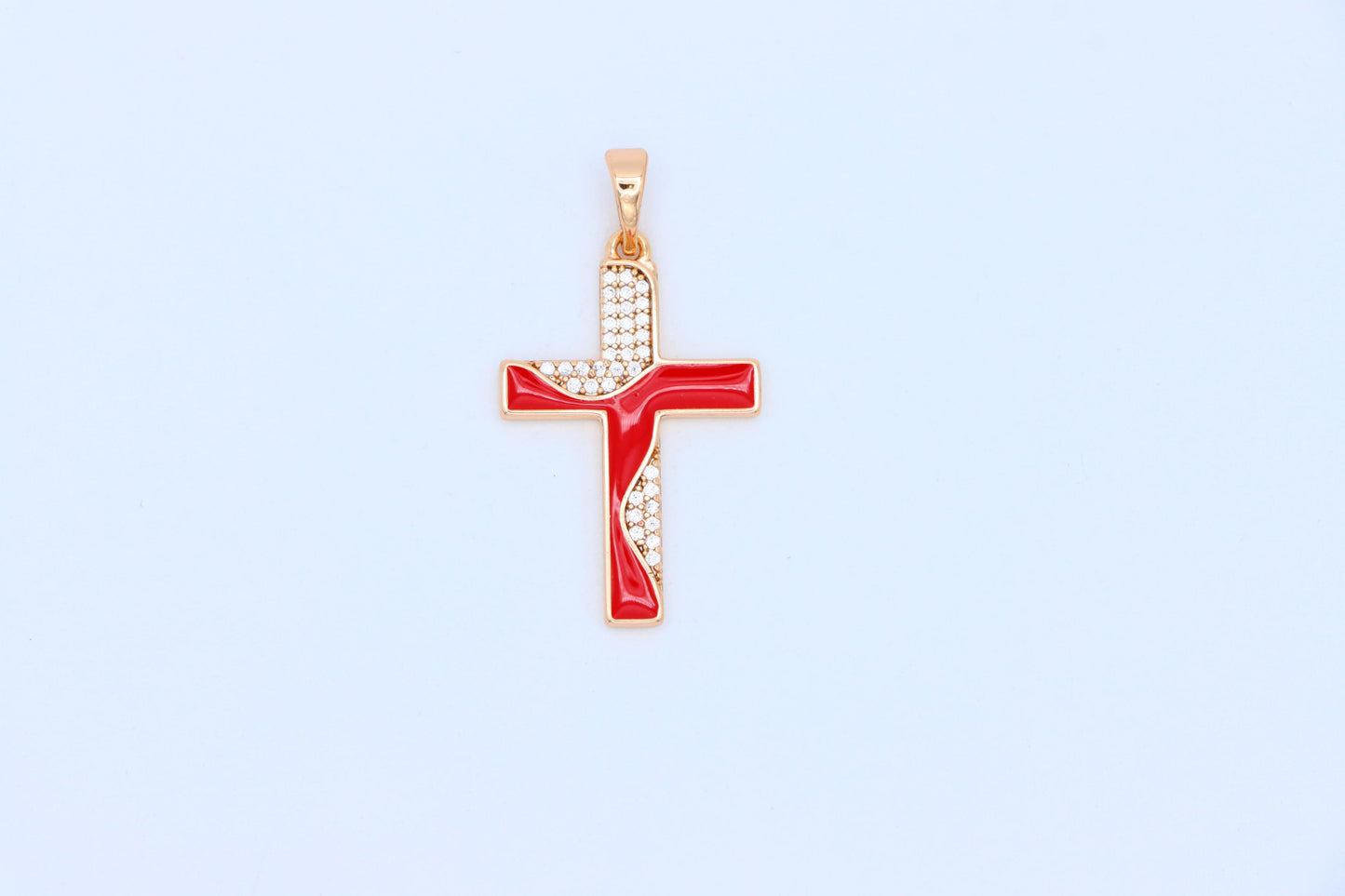 Rose Gold Cross Pendant with Red Enamel and CZ Stone Detailing, XPPT1399 (2134-8)