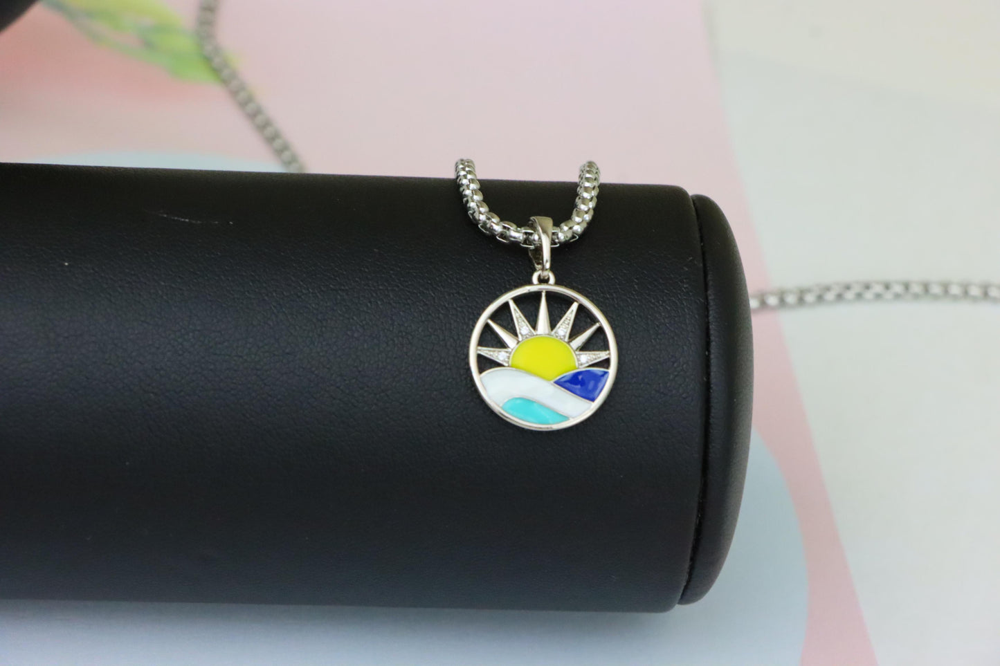 Round Silver Pendant with Colorful Sun and Wave Enamel Design, XPPT1867 (2157-10)