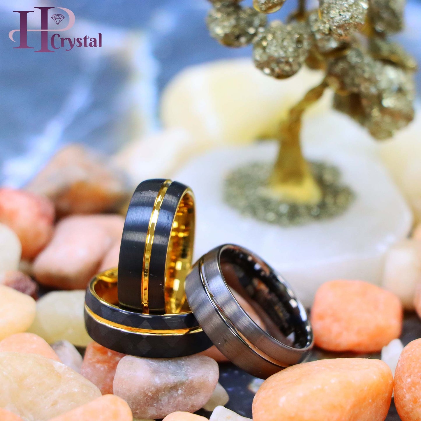 Domed Gun Metal IP Plated / Yellow Gold & Faceted Black IP Plated Ring with Off-center Groove