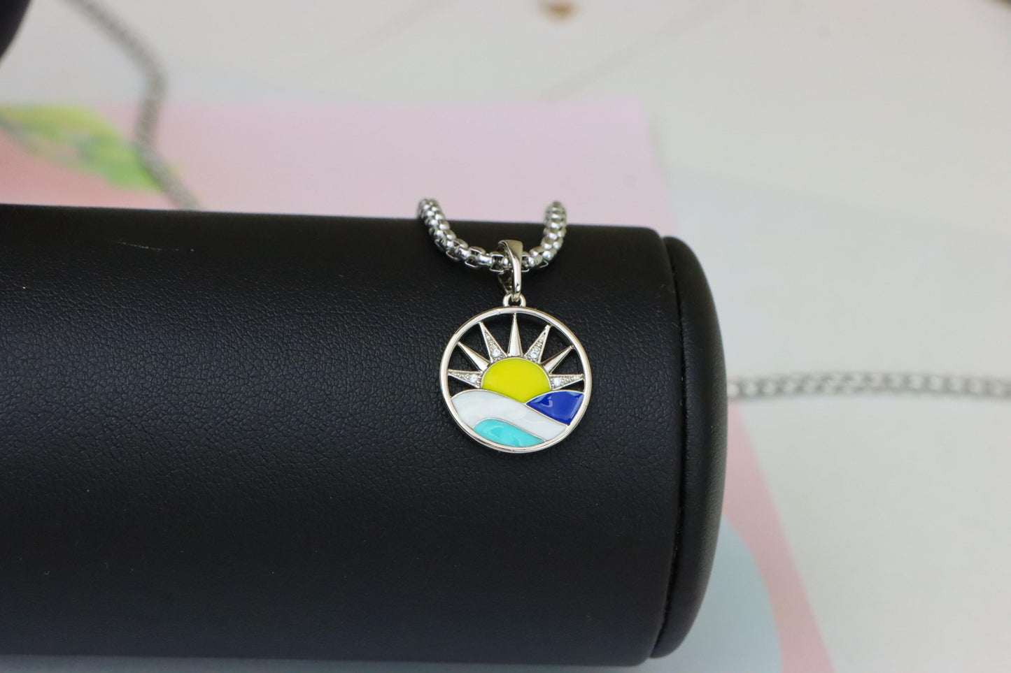 Round Silver Pendant with Colorful Sun and Wave Enamel Design, XPPT1867 (2157-10)