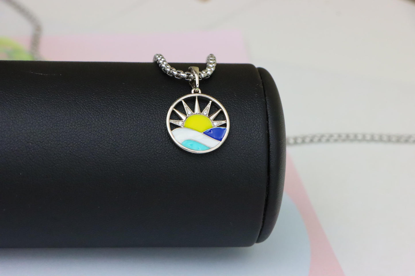 Round Silver Pendant with Colorful Sun and Wave Enamel Design, XPPT1867 (2157-10)