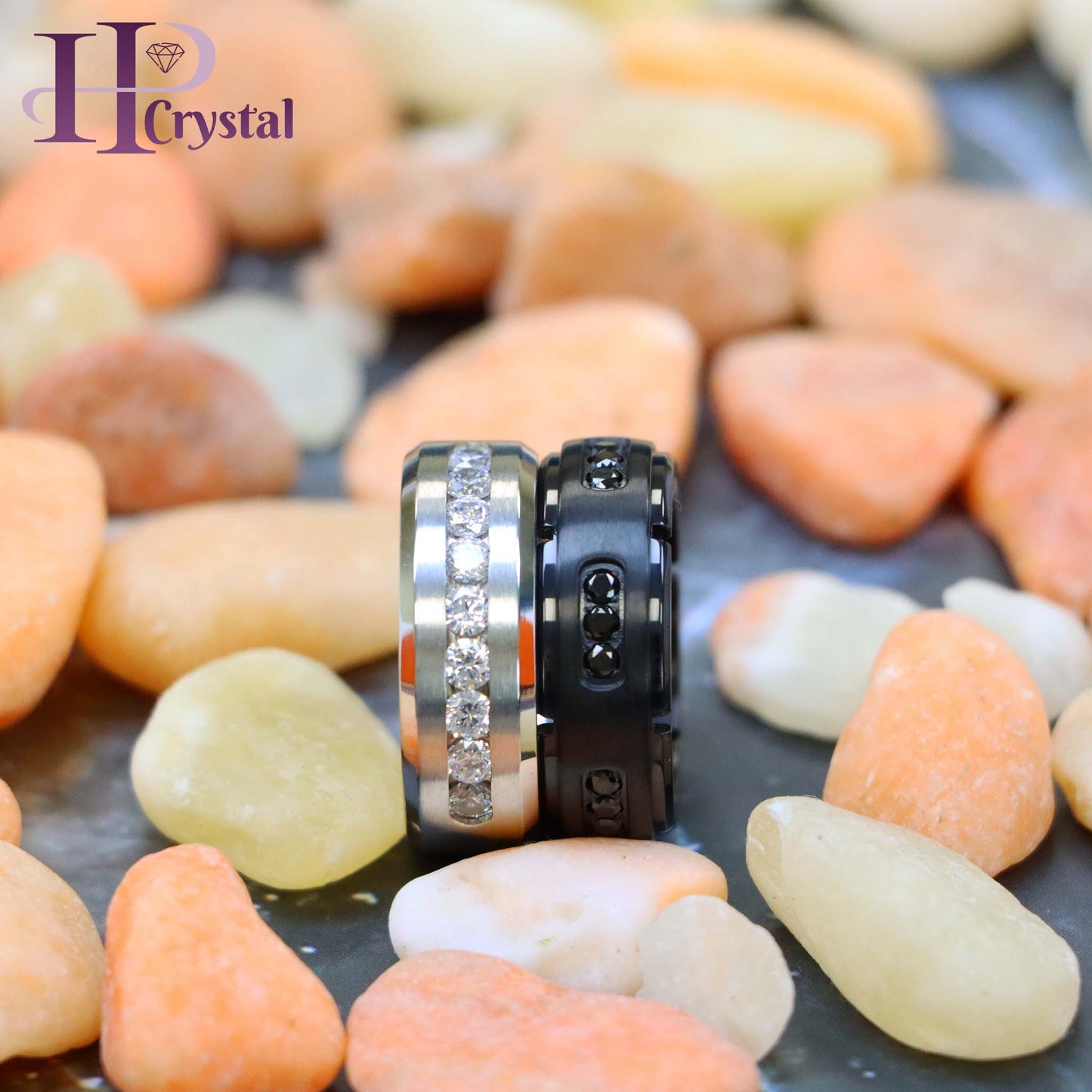 White Titanium Ring Brushed Center Shiny Beveled Edge with 9 Channel Set CZs Titanium Ring Black IP Plated Titanium Ring with 18 Black CZs
