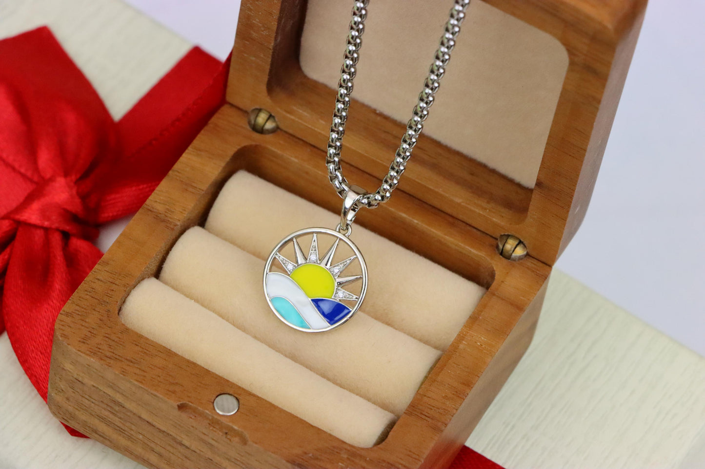 Round Silver Pendant with Colorful Sun and Wave Enamel Design, XPPT1867 (2157-10)