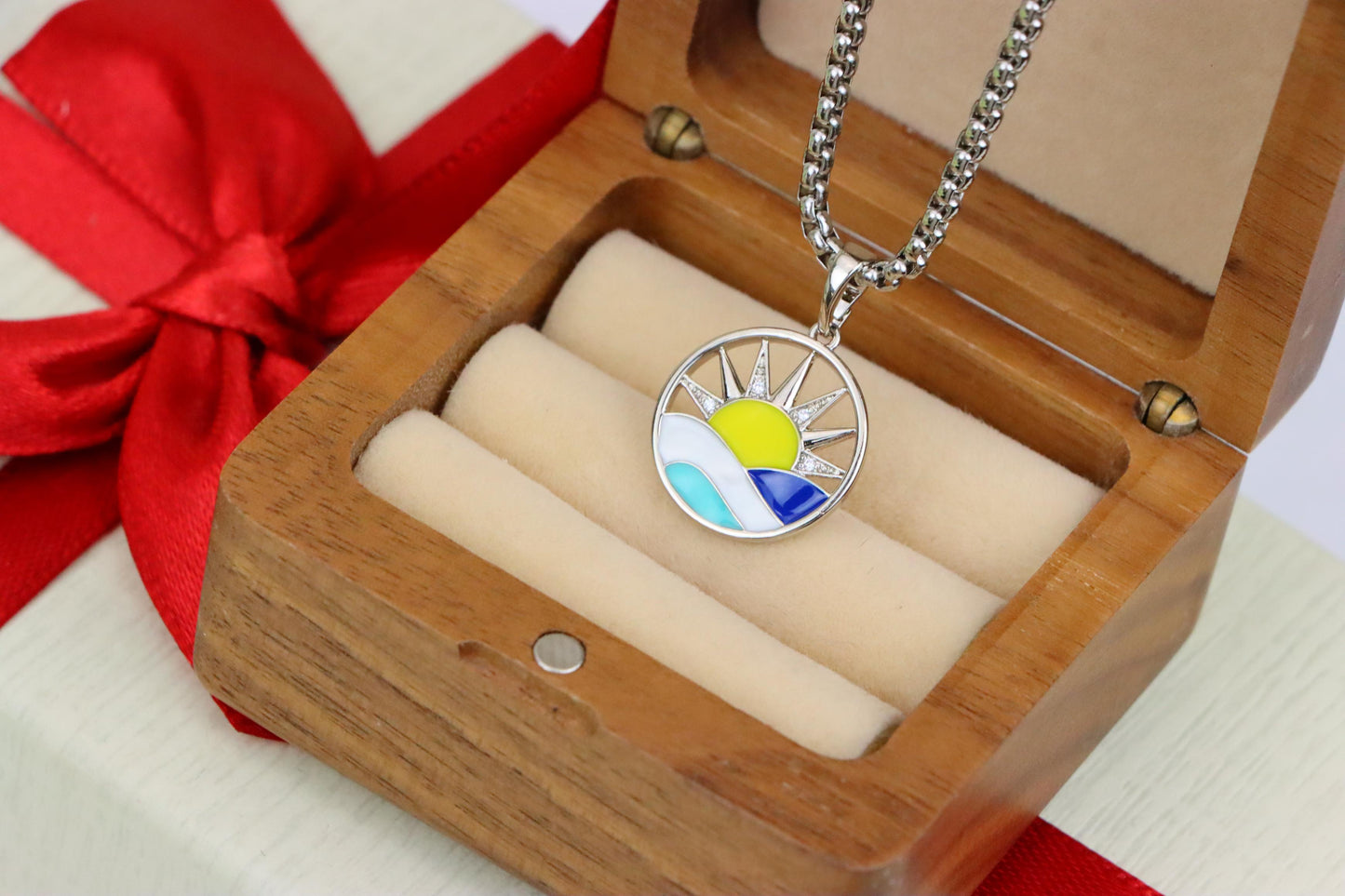 Round Silver Pendant with Colorful Sun and Wave Enamel Design, XPPT1867 (2157-10)