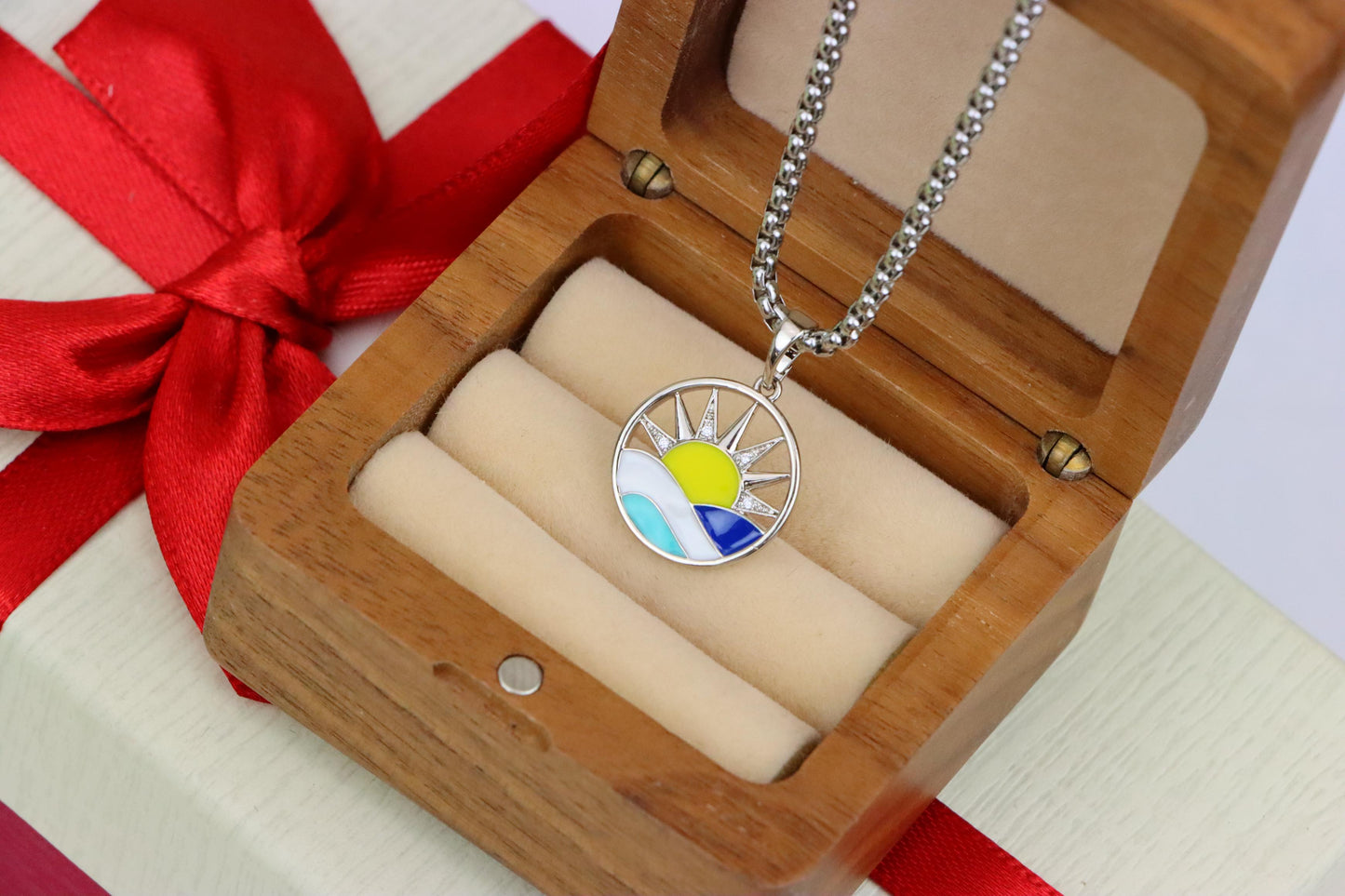 Round Silver Pendant with Colorful Sun and Wave Enamel Design, XPPT1867 (2157-10)