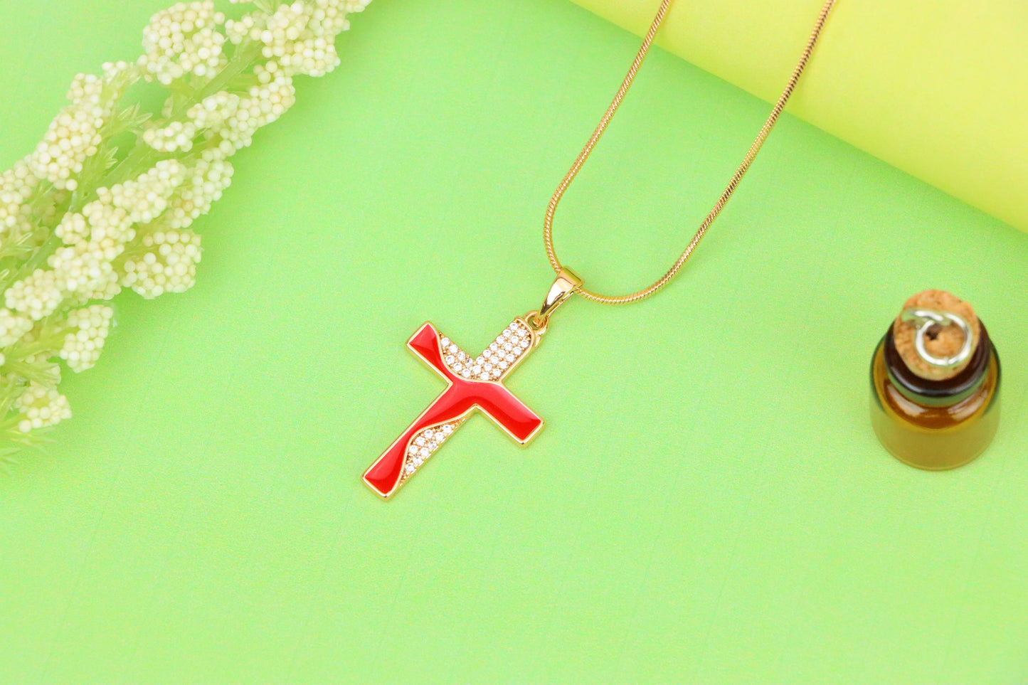 Rose Gold Cross Pendant with Red Enamel and CZ Stone Detailing, XPPT1399 (2134-8)