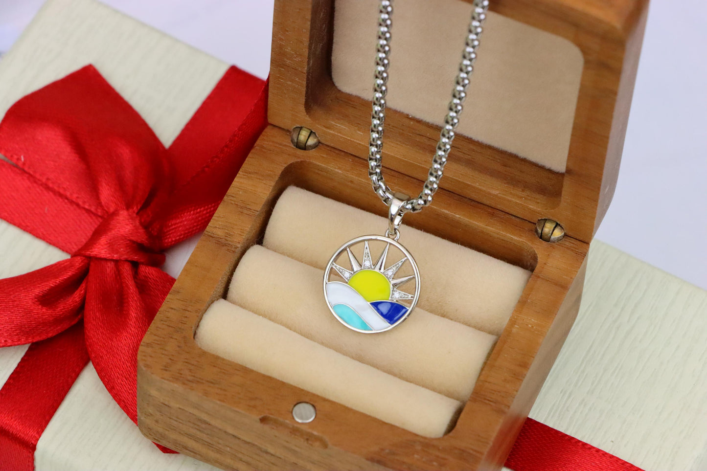 Round Silver Pendant with Colorful Sun and Wave Enamel Design, XPPT1867 (2157-10)