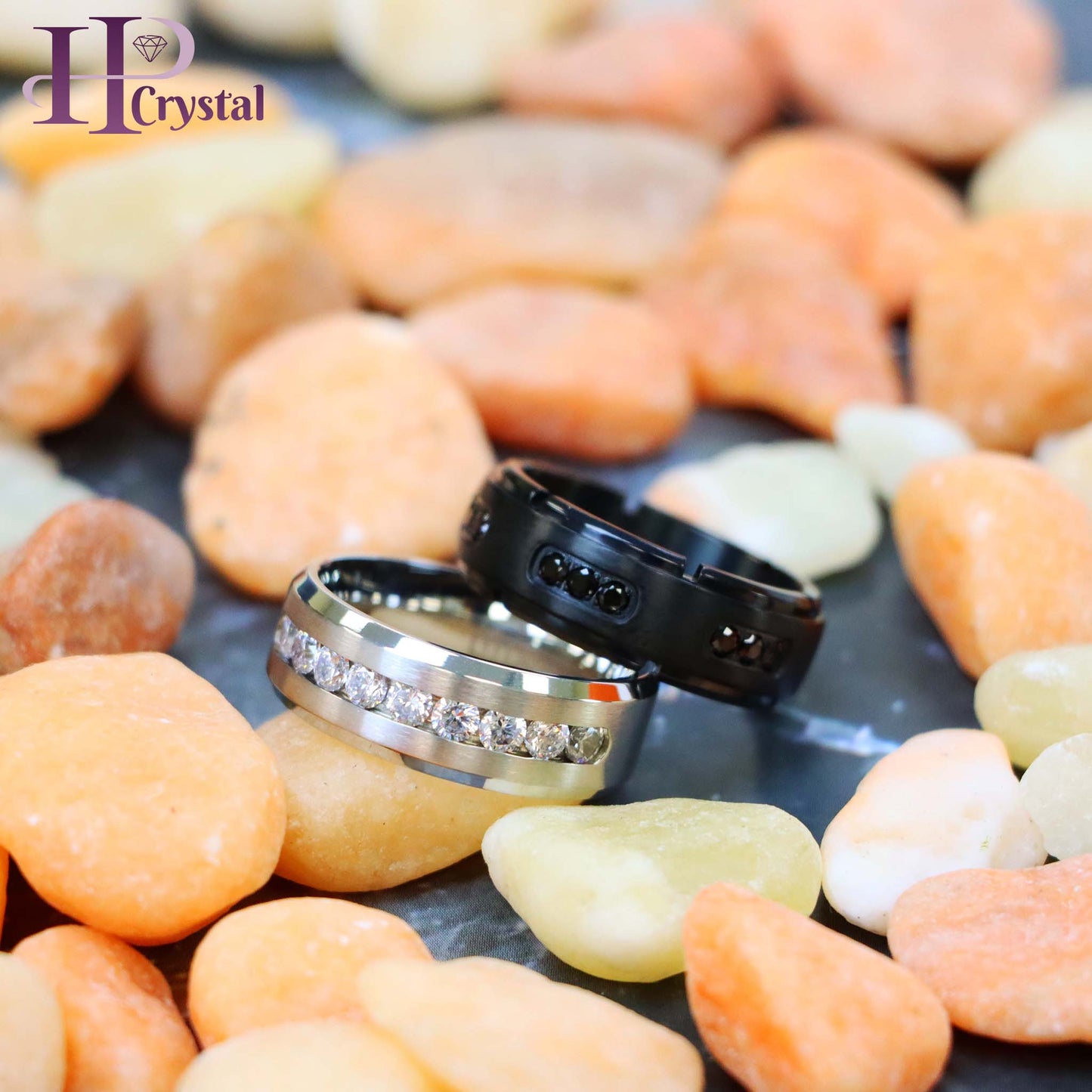 White Titanium Ring Brushed Center Shiny Beveled Edge with 9 Channel Set CZs Titanium Ring Black IP Plated Titanium Ring with 18 Black CZs