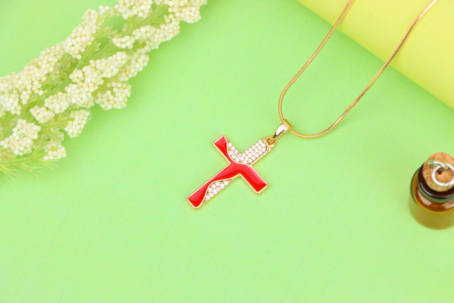 Rose Gold Cross Pendant with Red Enamel and CZ Stone Detailing, XPPT1399 (2134-8)