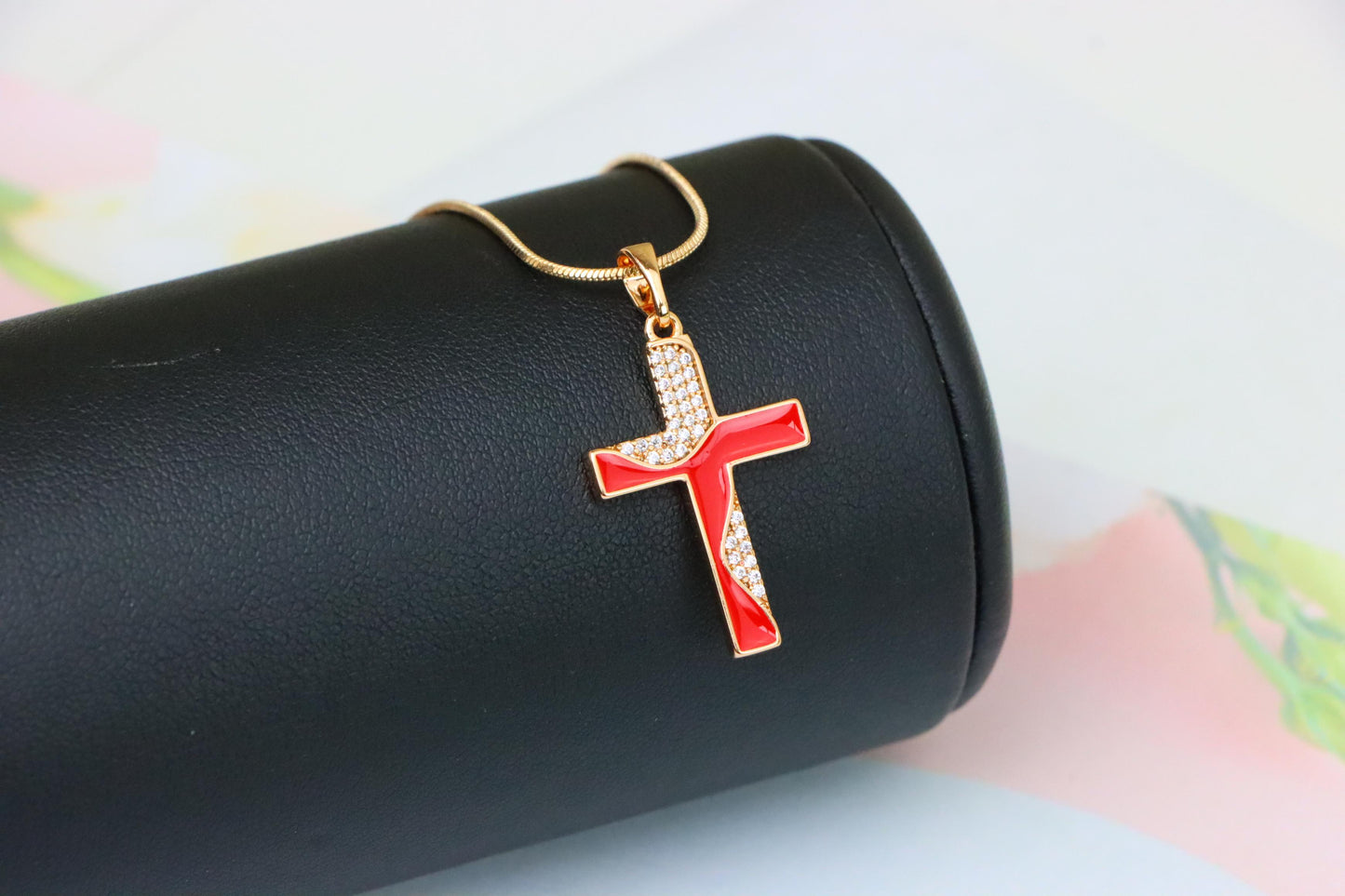 Rose Gold Cross Pendant with Red Enamel and CZ Stone Detailing, XPPT1399 (2134-8)
