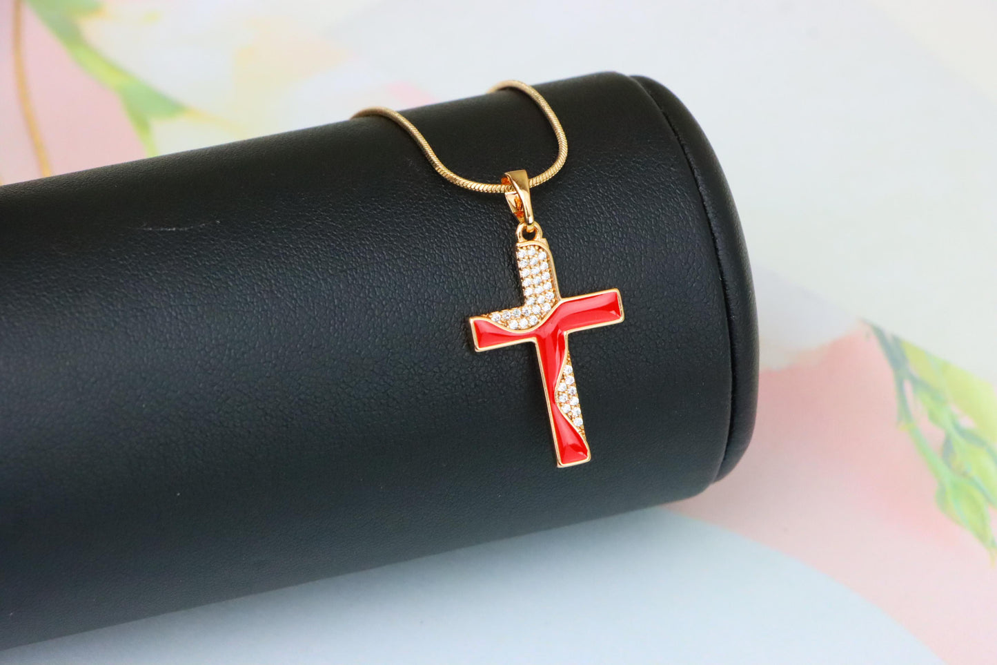 Rose Gold Cross Pendant with Red Enamel and CZ Stone Detailing, XPPT1399 (2134-8)