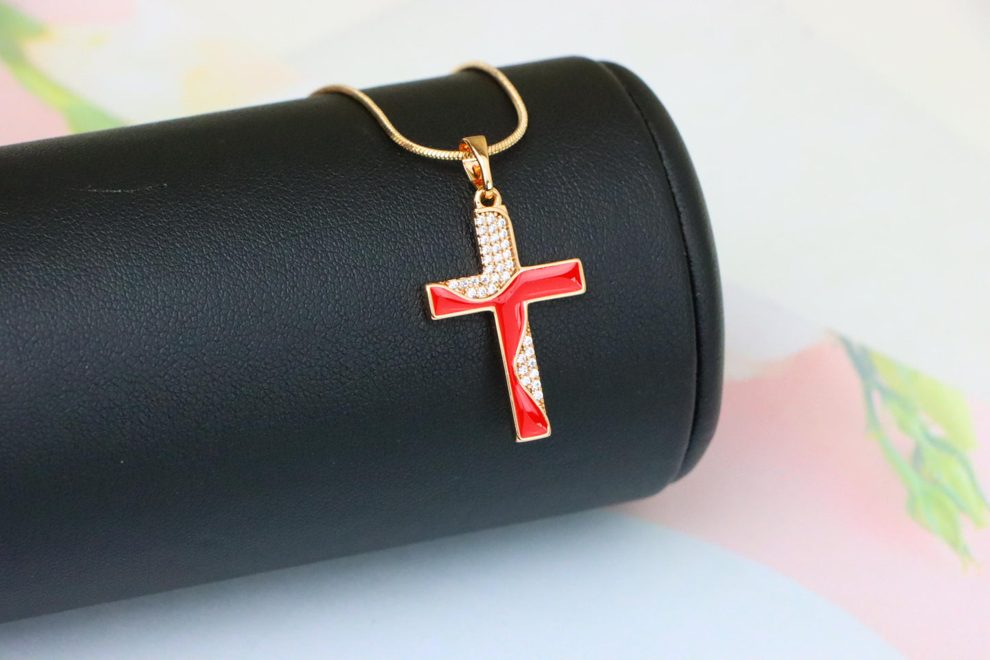 Rose Gold Cross Pendant with Red Enamel and CZ Stone Detailing, XPPT1399 (2134-8)