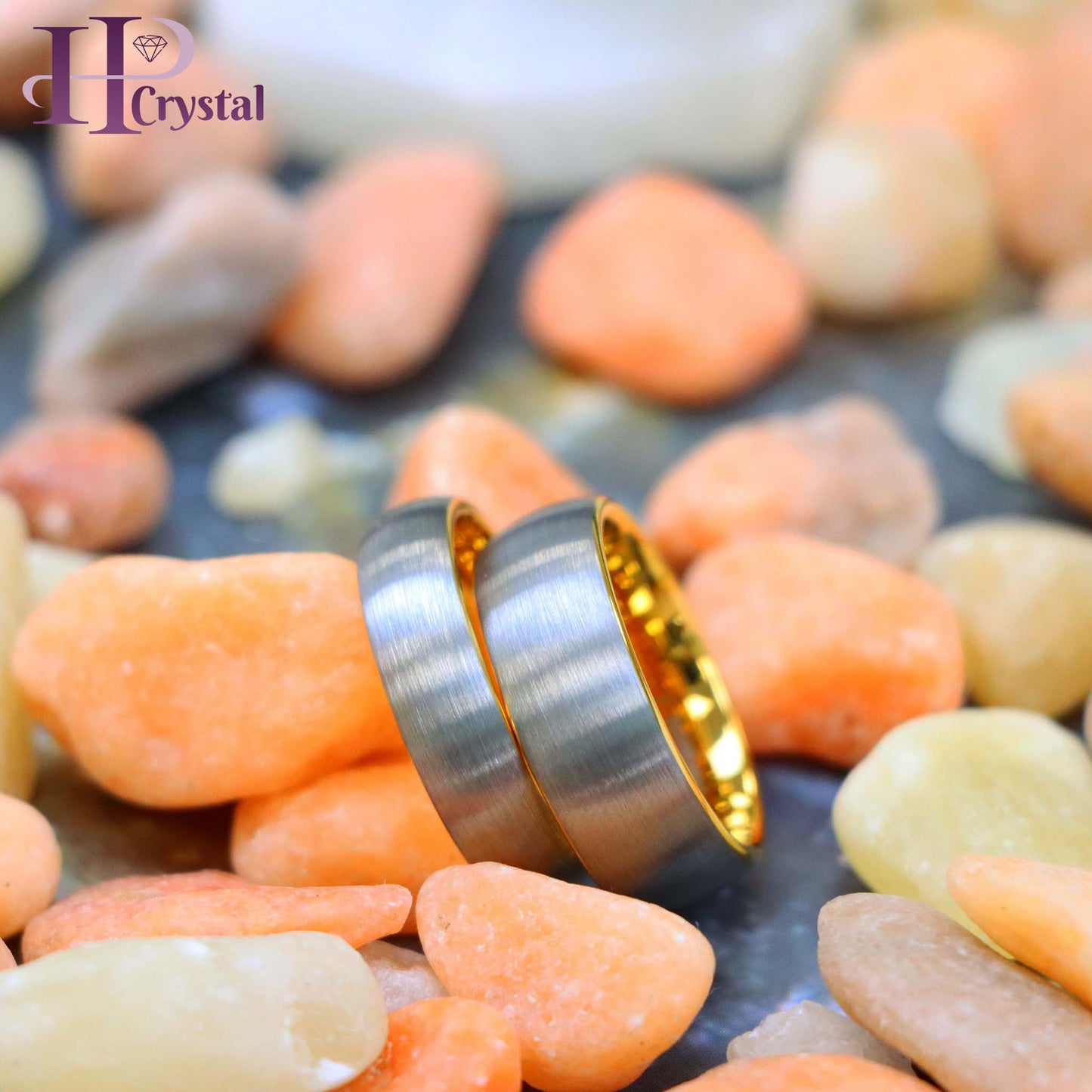 Domed Tungsten Ring with Yellow Gold IP Plated Interior and Gun Metal Brushed Center