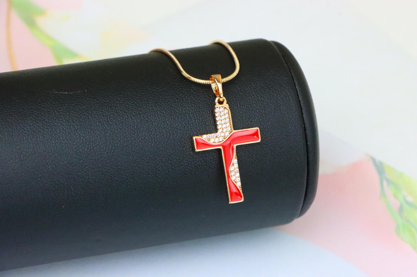 Rose Gold Cross Pendant with Red Enamel and CZ Stone Detailing, XPPT1399 (2134-8)