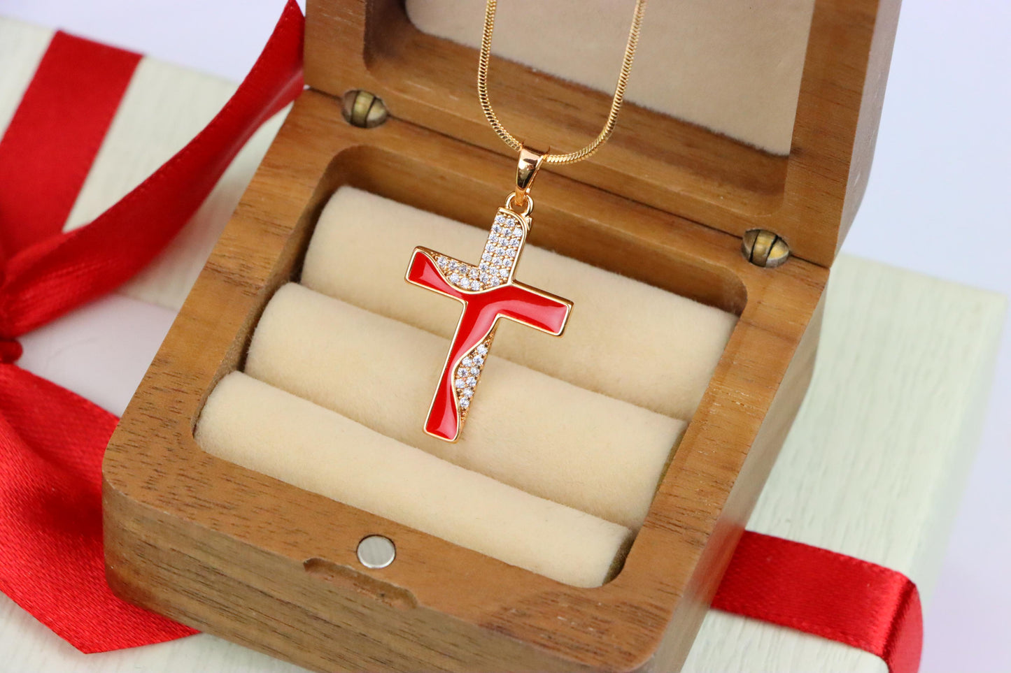 Rose Gold Cross Pendant with Red Enamel and CZ Stone Detailing, XPPT1399 (2134-8)