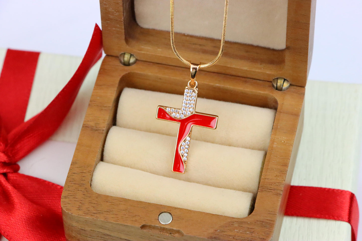 Rose Gold Cross Pendant with Red Enamel and CZ Stone Detailing, XPPT1399 (2134-8)