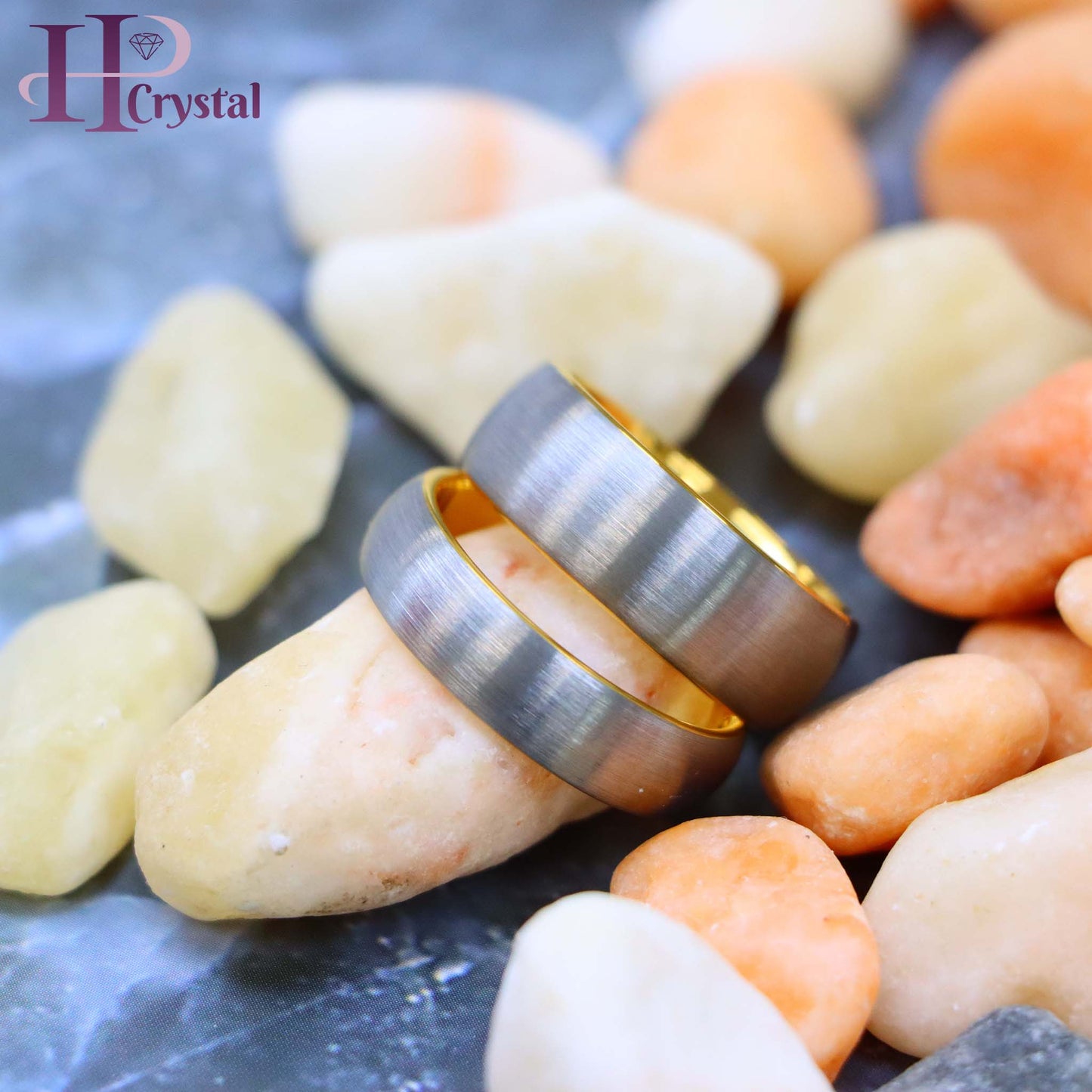 Domed Tungsten Ring with Yellow Gold IP Plated Interior and Gun Metal Brushed Center