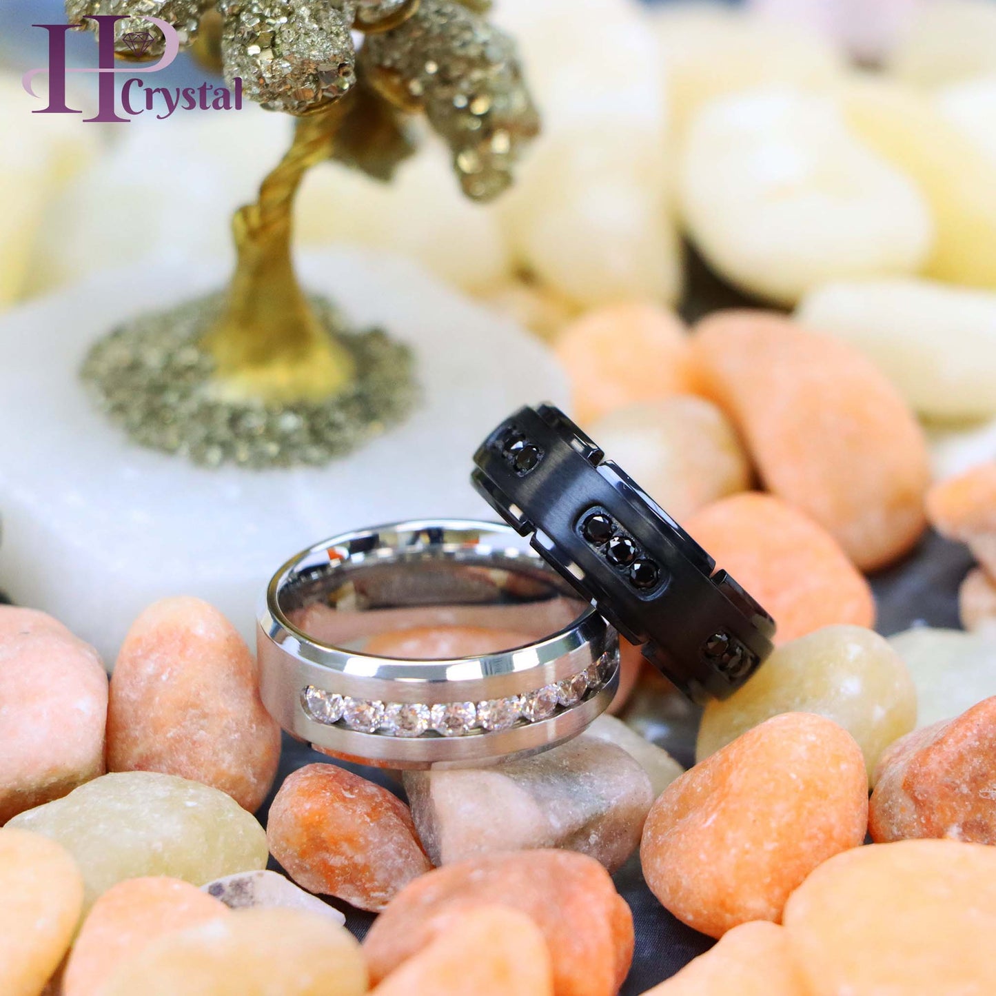 White Titanium Ring Brushed Center Shiny Beveled Edge with 9 Channel Set CZs Titanium Ring Black IP Plated Titanium Ring with 18 Black CZs