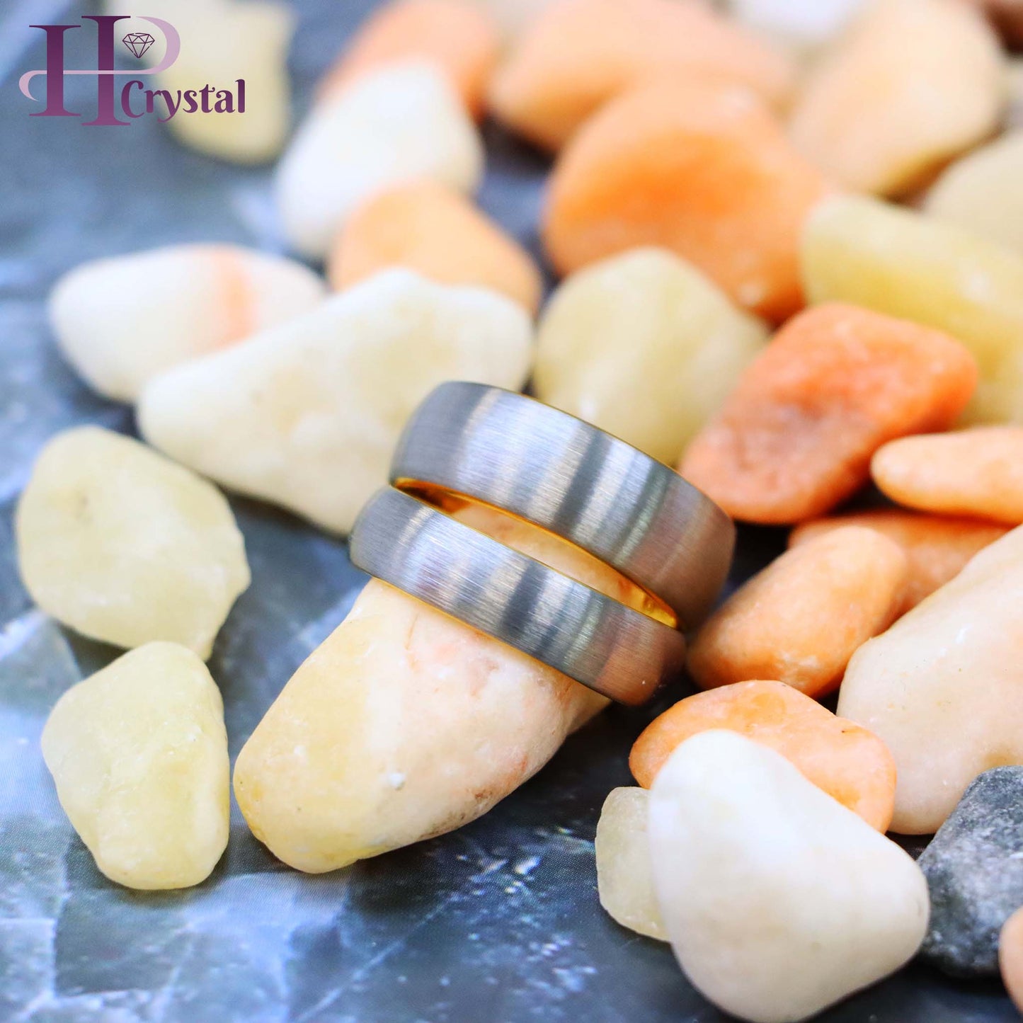 Domed Tungsten Ring with Yellow Gold IP Plated Interior and Gun Metal Brushed Center