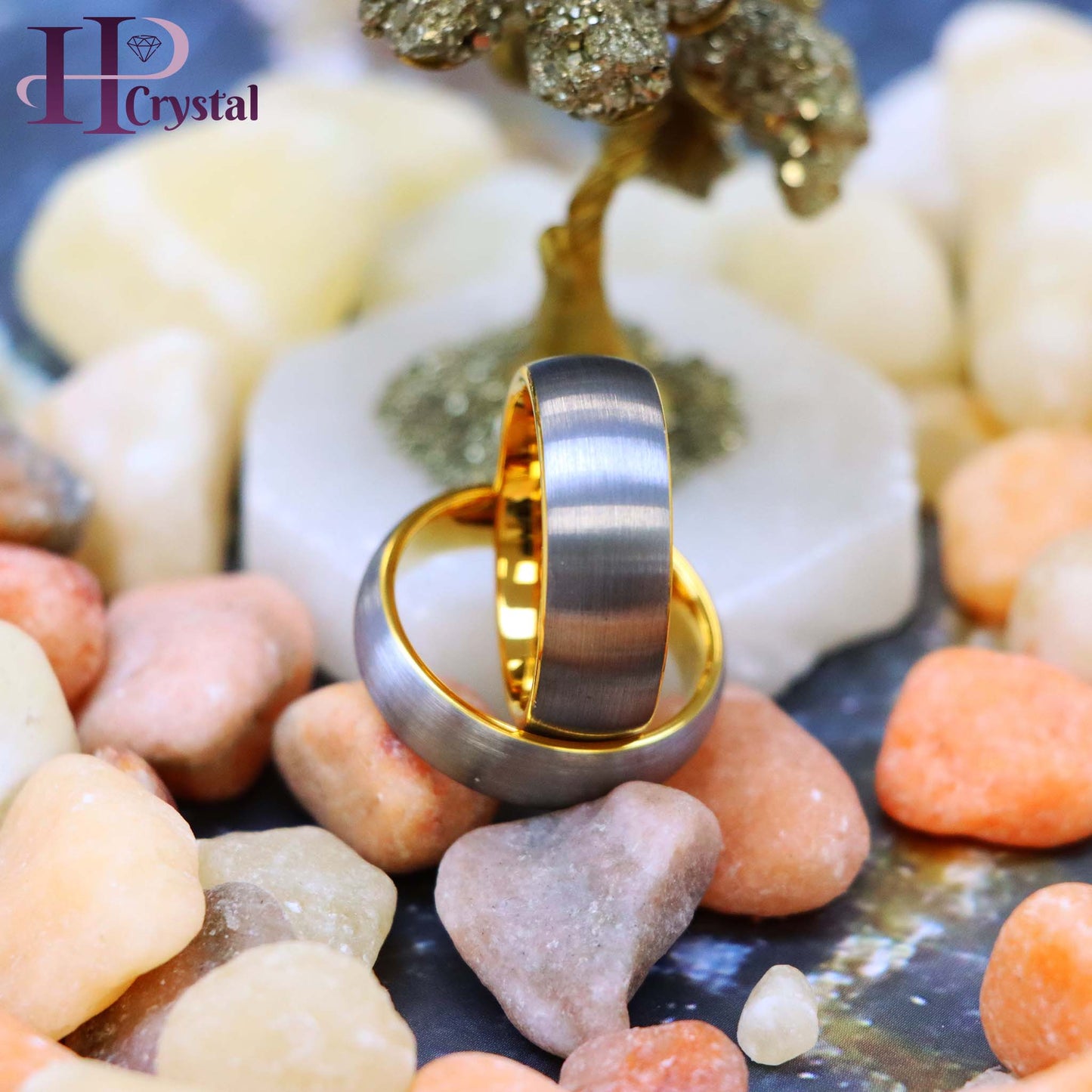 Domed Tungsten Ring with Yellow Gold IP Plated Interior and Gun Metal Brushed Center